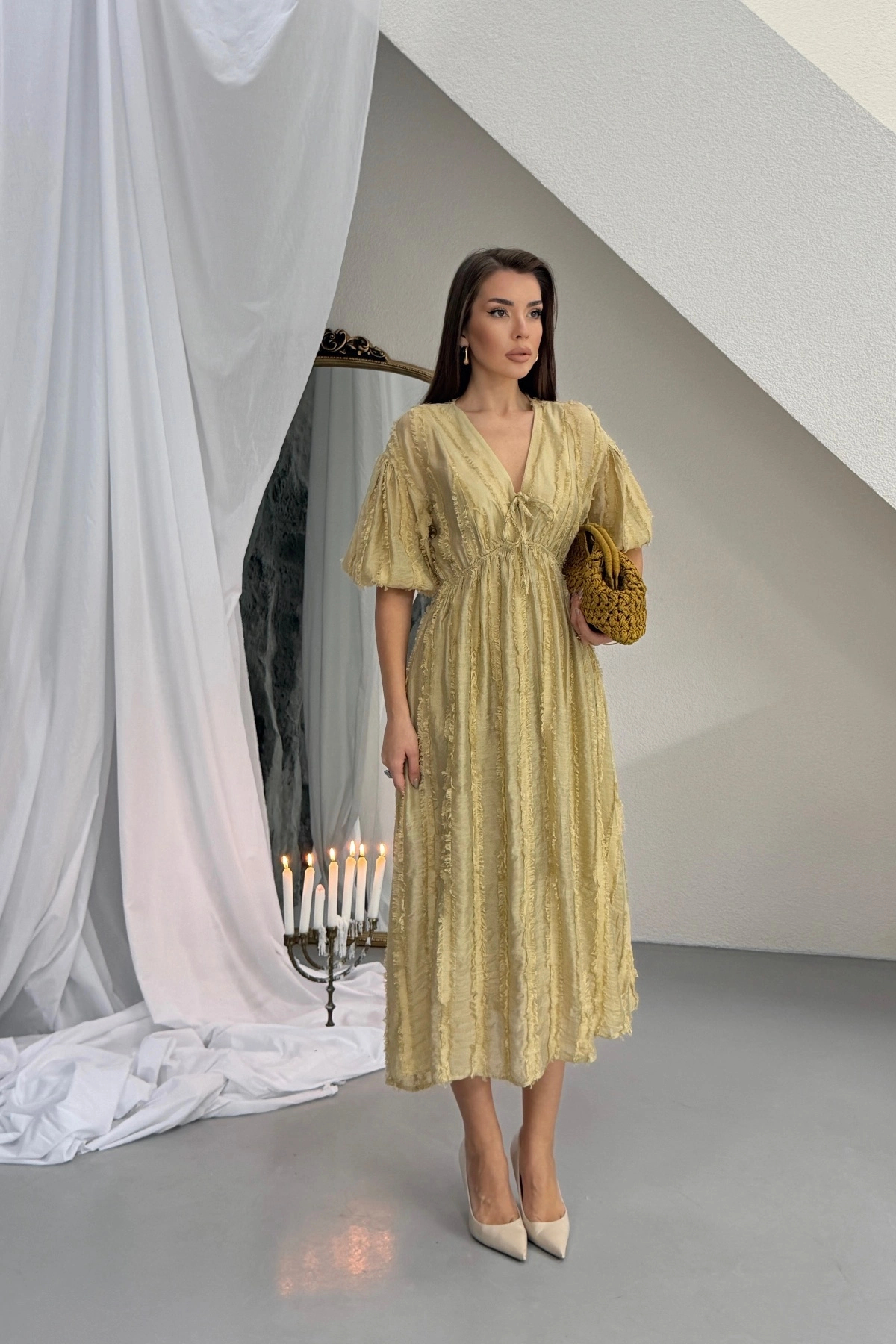 Lusin  Kadın Yağ Yeşili V Yaka Beli Büzgülü Yumuşacık Dokulu Astarlı Midi Elbise