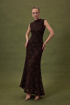 Sateen Dantel Kolsuz Elbise - KAHVE