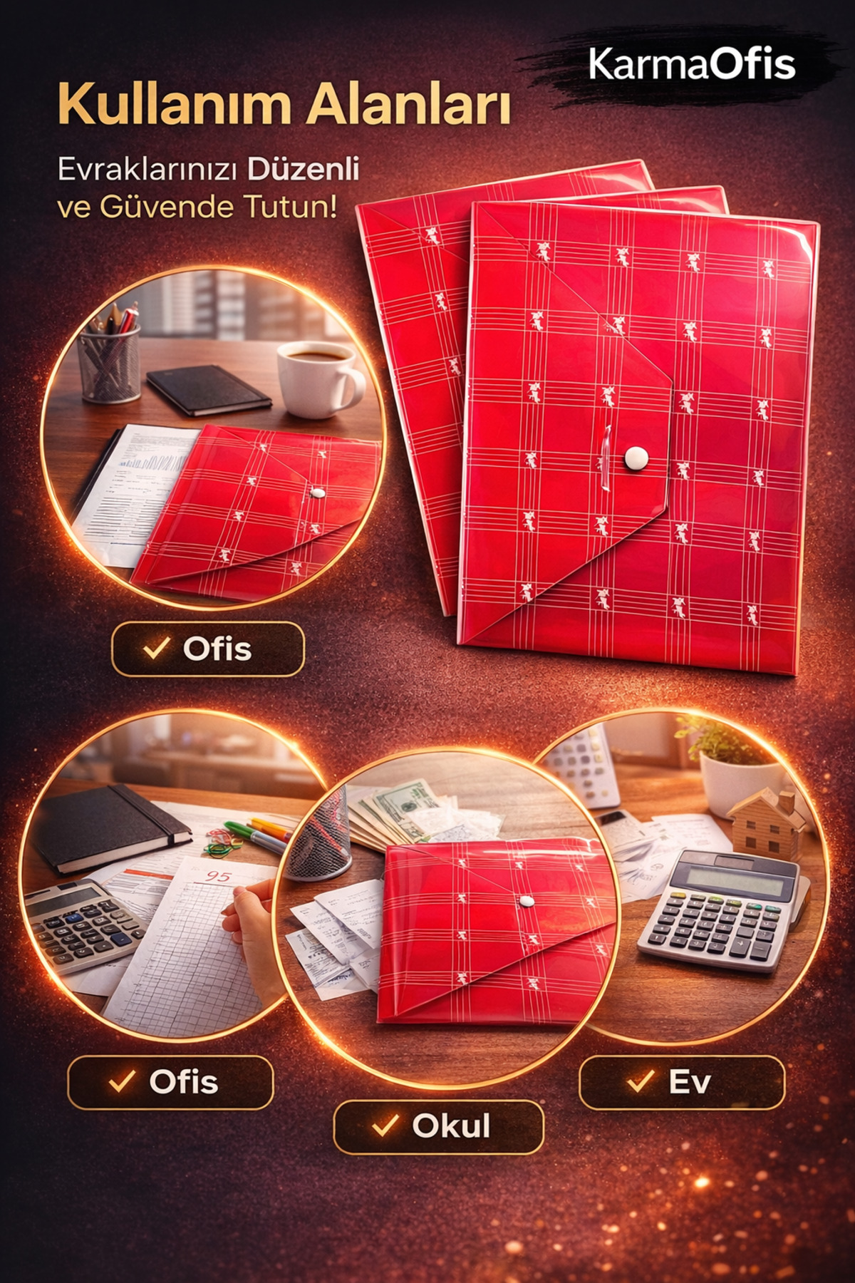 KarmaOfis 3'lü Kırmızı A4 Çıtçıtlı Evrak Zarf Dosya – Dayanıklı