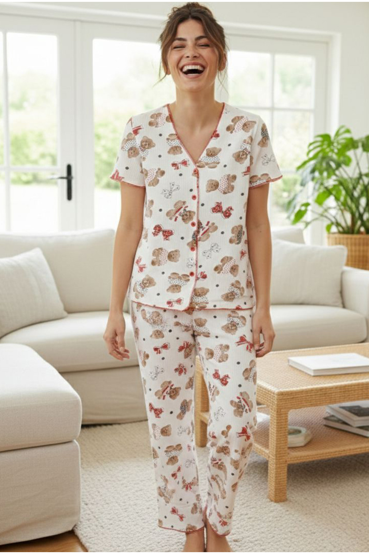 Siyah İnci  ekru ayıcık desenli Yumuşak Tuşe Yazlık Fitilli Pamuklu Örme Pijama Takım 7994 - Görsel 2