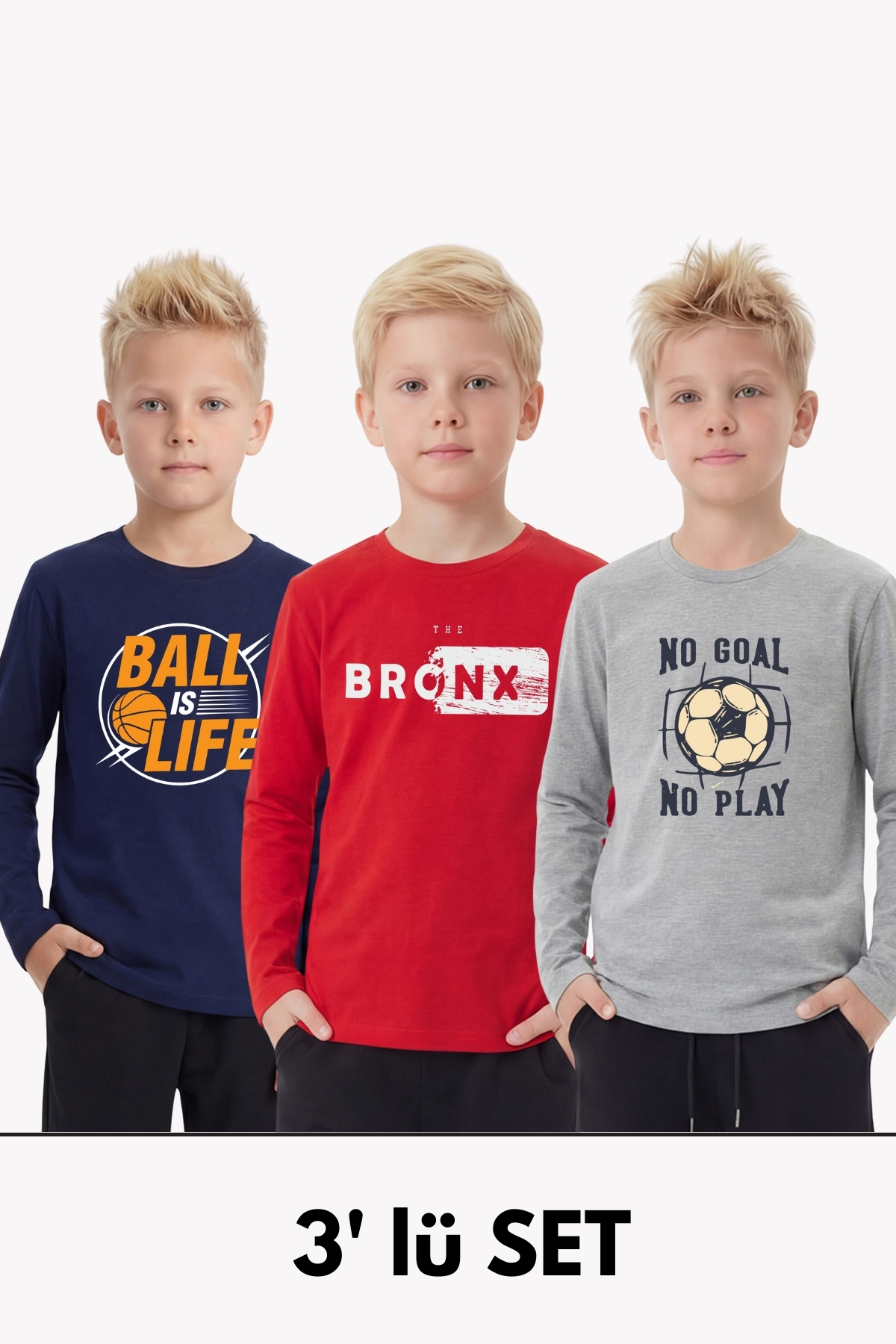 FYK COLLECTİON 3'lü Bisiklet Yaka Baskı Detaylı Uzun Kollu 3 Parça
