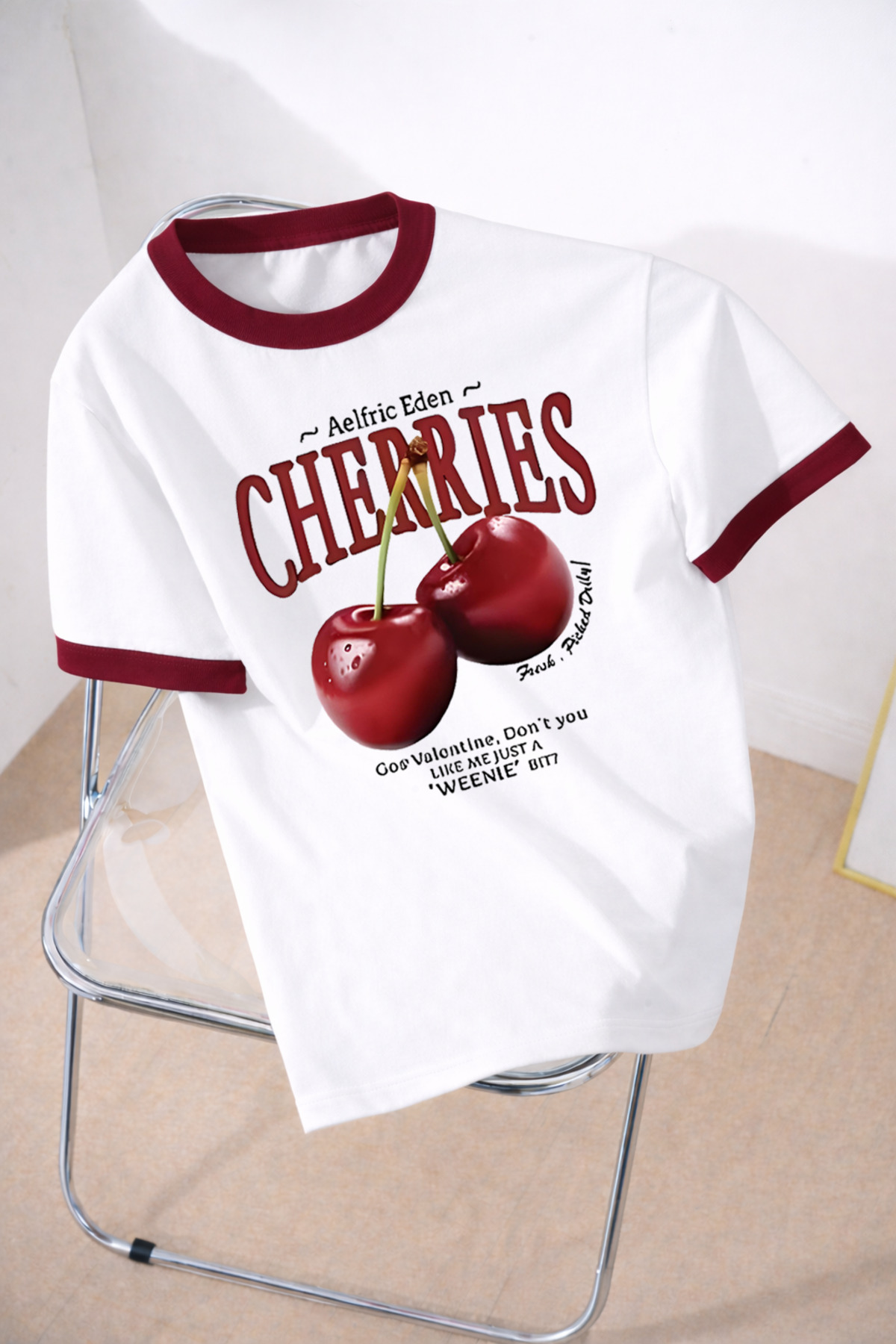 Revasser Unisex Erkek/Kadın Bordo Yaka CHERRIES Özel Baskılı Oversize Pamuklu Bisiklet Yaka T-Shirt
