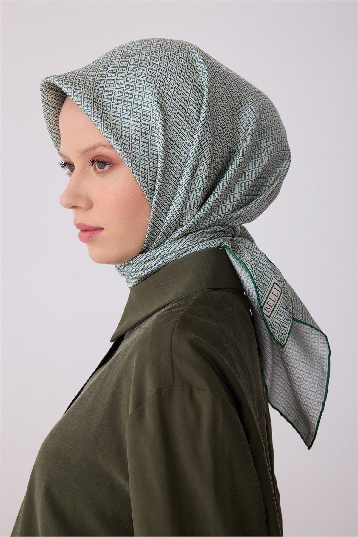 Tivil Saf İpek Eşarp 4321 - 85 Krem Yeşil Logo Desen