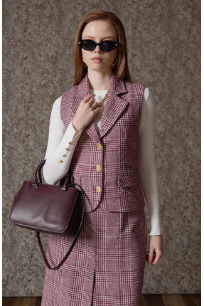 Fatma Atasoy Ekose Kazayağı Blazer Bordo Yelek Etek Takım