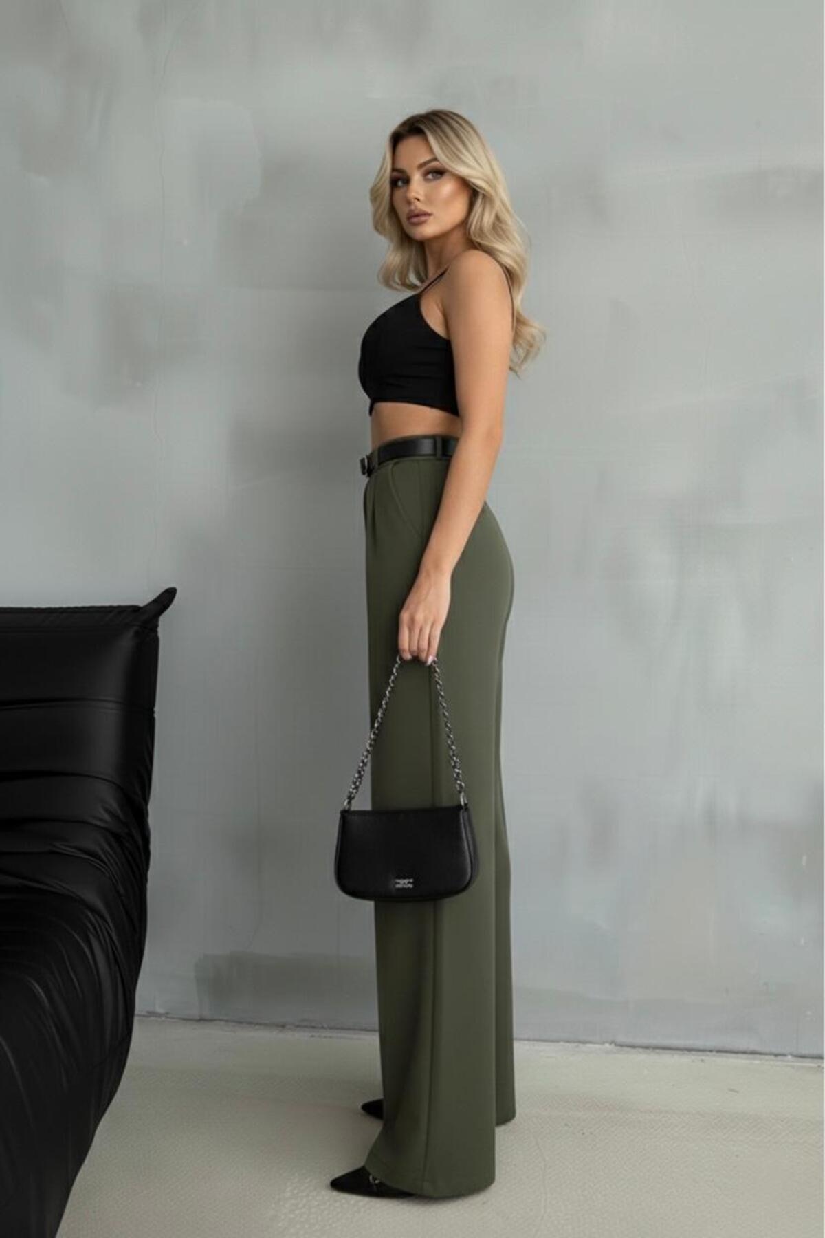 JACK CAPRİO  Kadın Palazzo Pileli Pantolon İthal DoubleFace Kumaş Yüksek Kaliteli Ürün Yüksek Bel Kemerli - Görsel 6