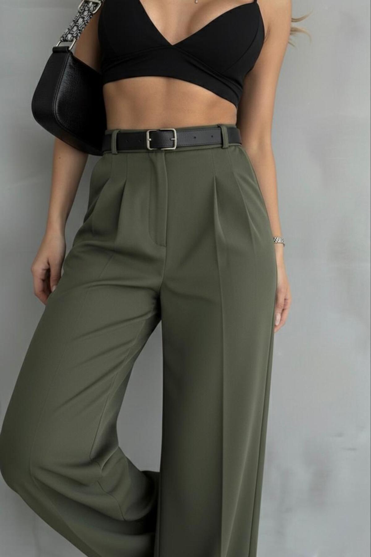 JACK CAPRİO  Kadın Palazzo Pileli Pantolon İthal DoubleFace Kumaş Yüksek Kaliteli Ürün Yüksek Bel Kemerli - Görsel 5