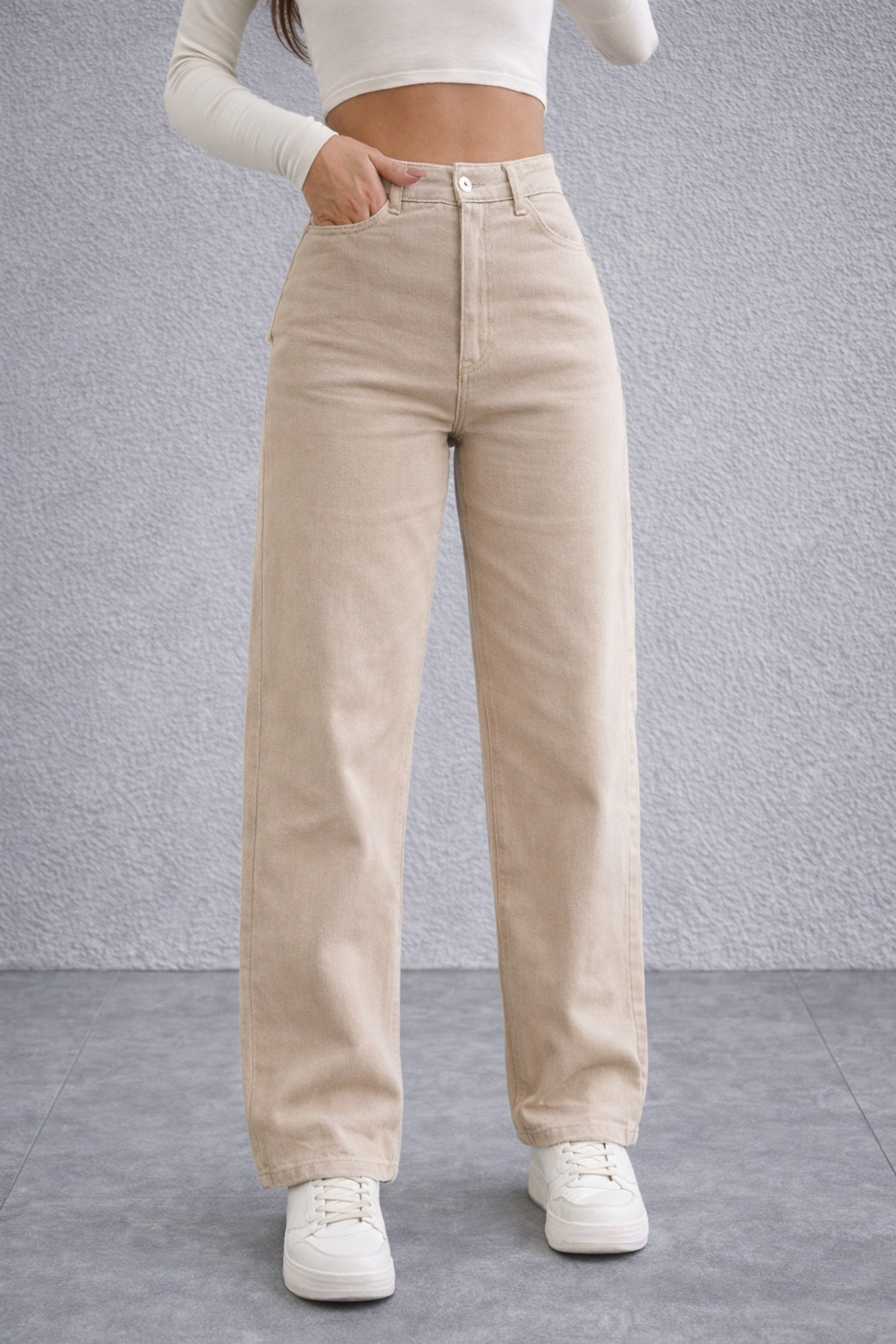 Polo State  Kadın Yüksek Bel Düz Paça Bej Jean Pantolon - Görsel 5