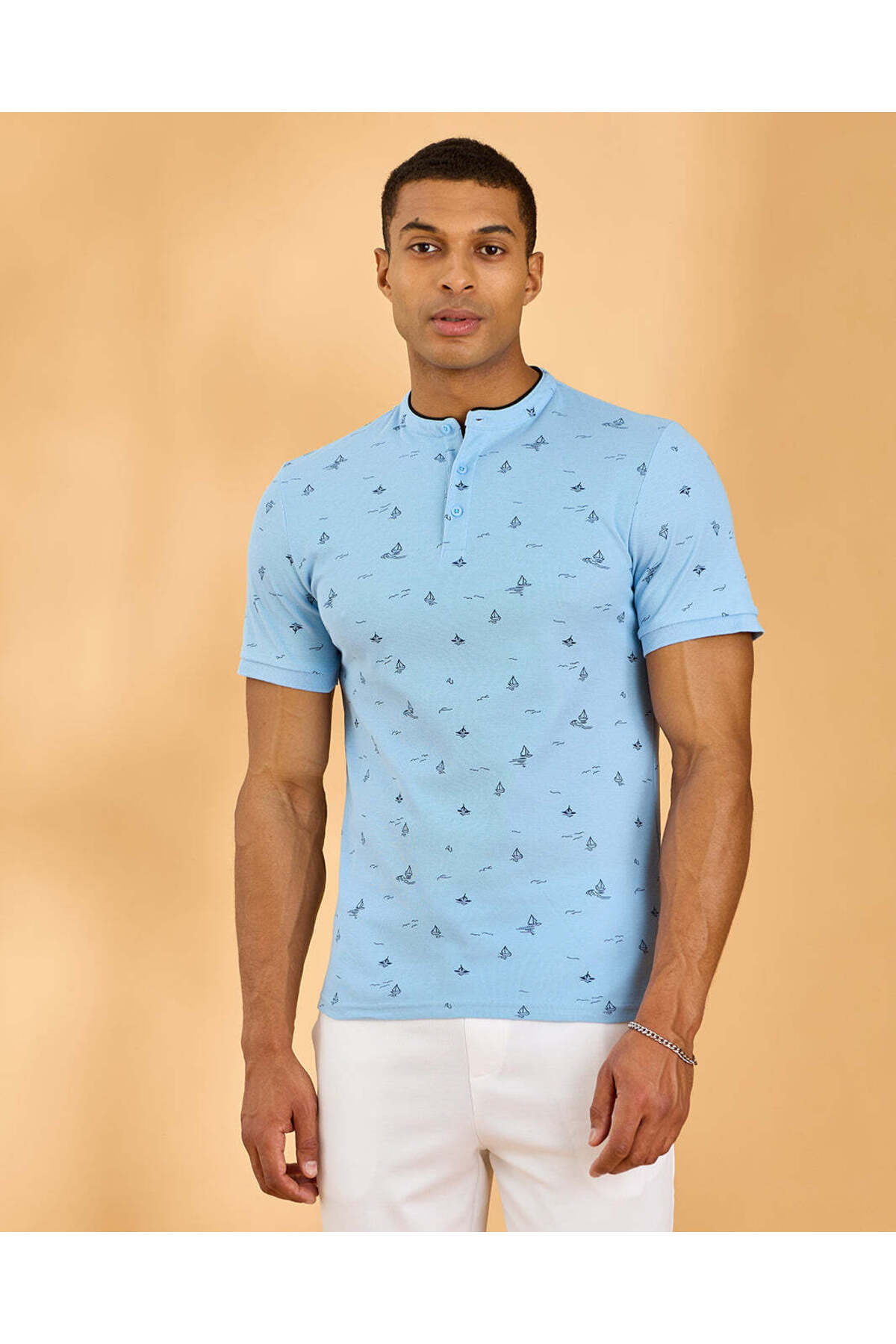 REDTAG Men Blue Standup Collar Polo Shirt