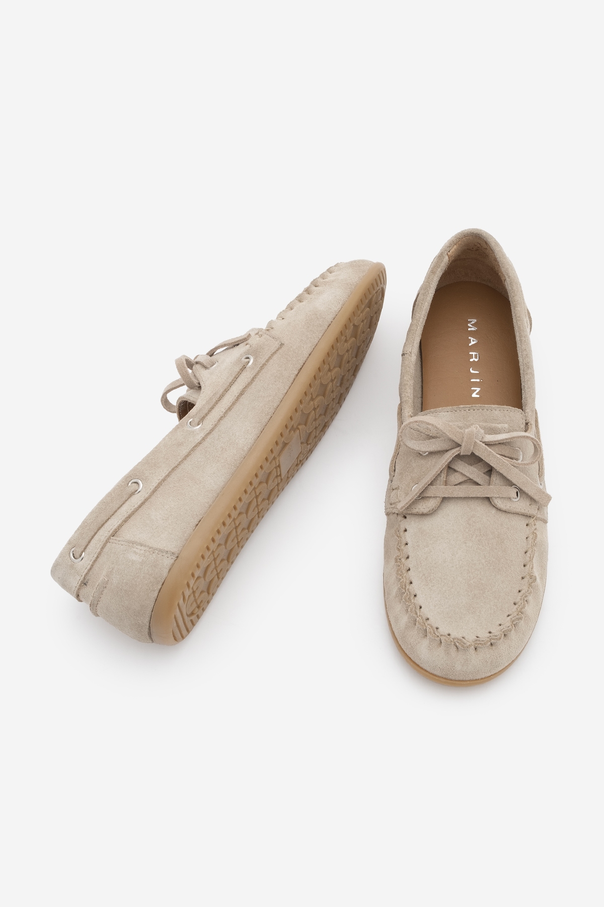Marjin  Kadın Oval Burun Hakiki Deri Bağcıklı Makosen Büzgülü Loafer Günlük Ayakkabı Rudez Bej Süet - Görsel 8