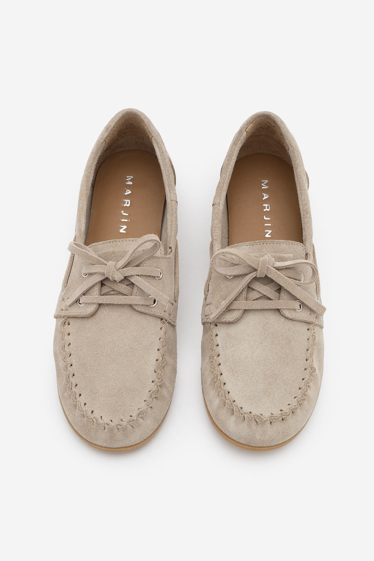 Marjin  Kadın Oval Burun Hakiki Deri Bağcıklı Makosen Büzgülü Loafer Günlük Ayakkabı Rudez Bej Süet - Görsel 7