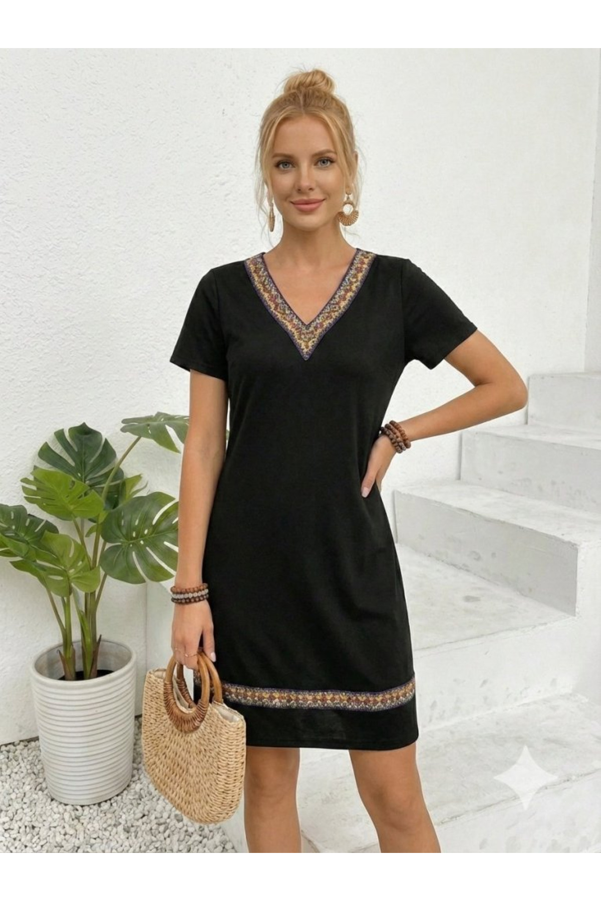 JANES  Kadın Kısa Kollu V Yakalı Etnik Desen Şerit Detaylı Viskon Elbise, Yazlık-Rahat Tasarım - Görsel 3