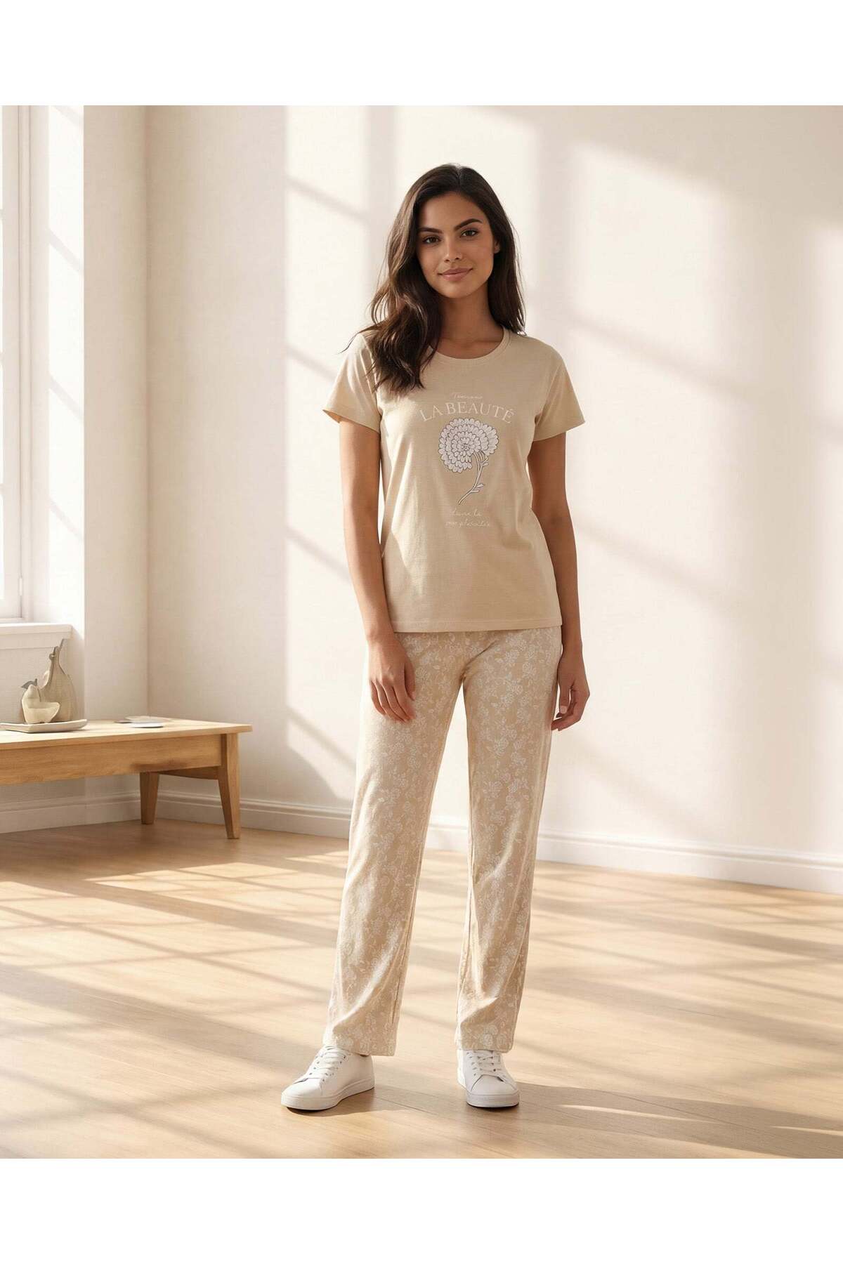 REDTAG Women Beige Placement Print Pyjama Set