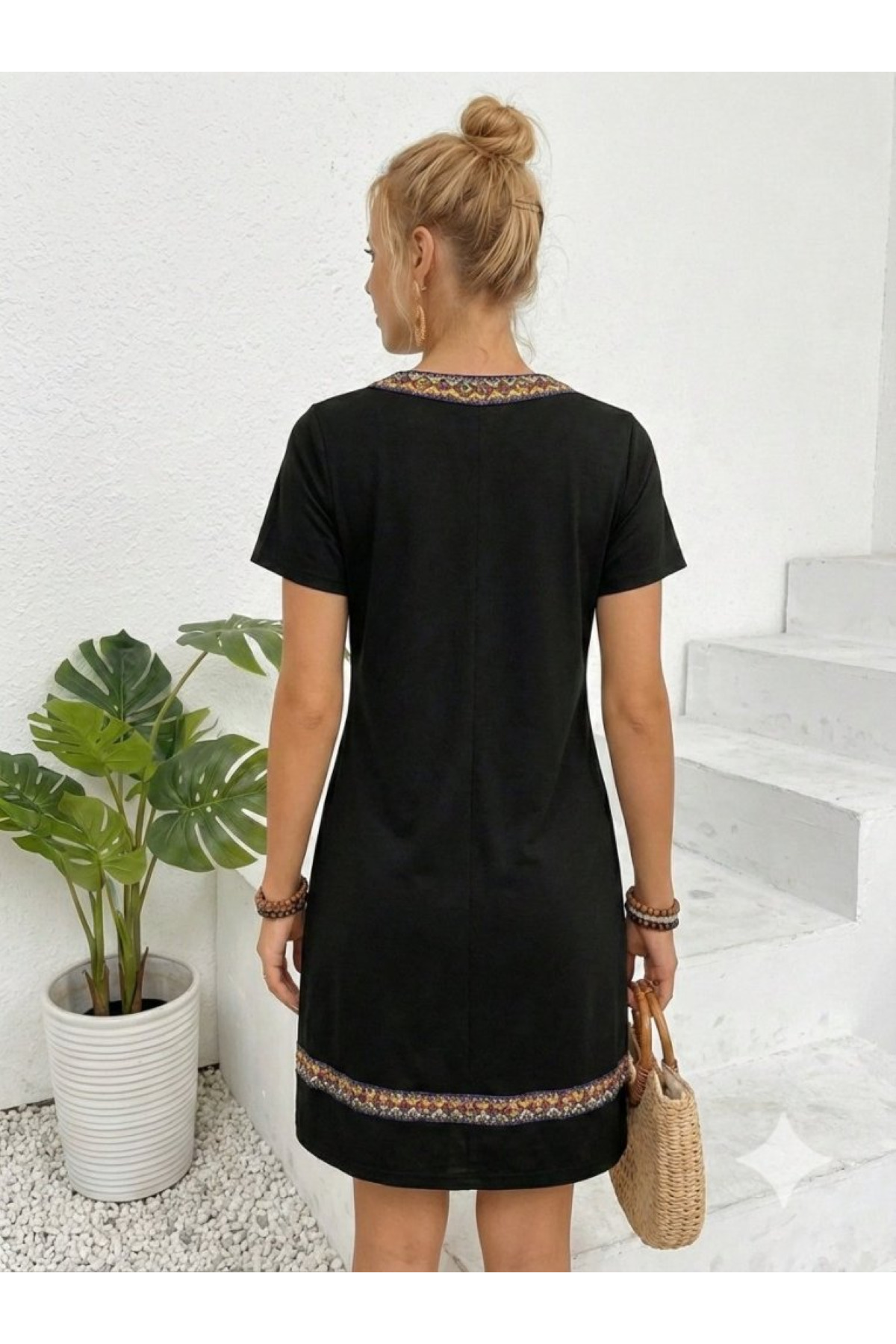 JANES  Kadın Kısa Kollu V Yakalı Etnik Desen Şerit Detaylı Viskon Elbise, Yazlık-Rahat Tasarım - Görsel 4