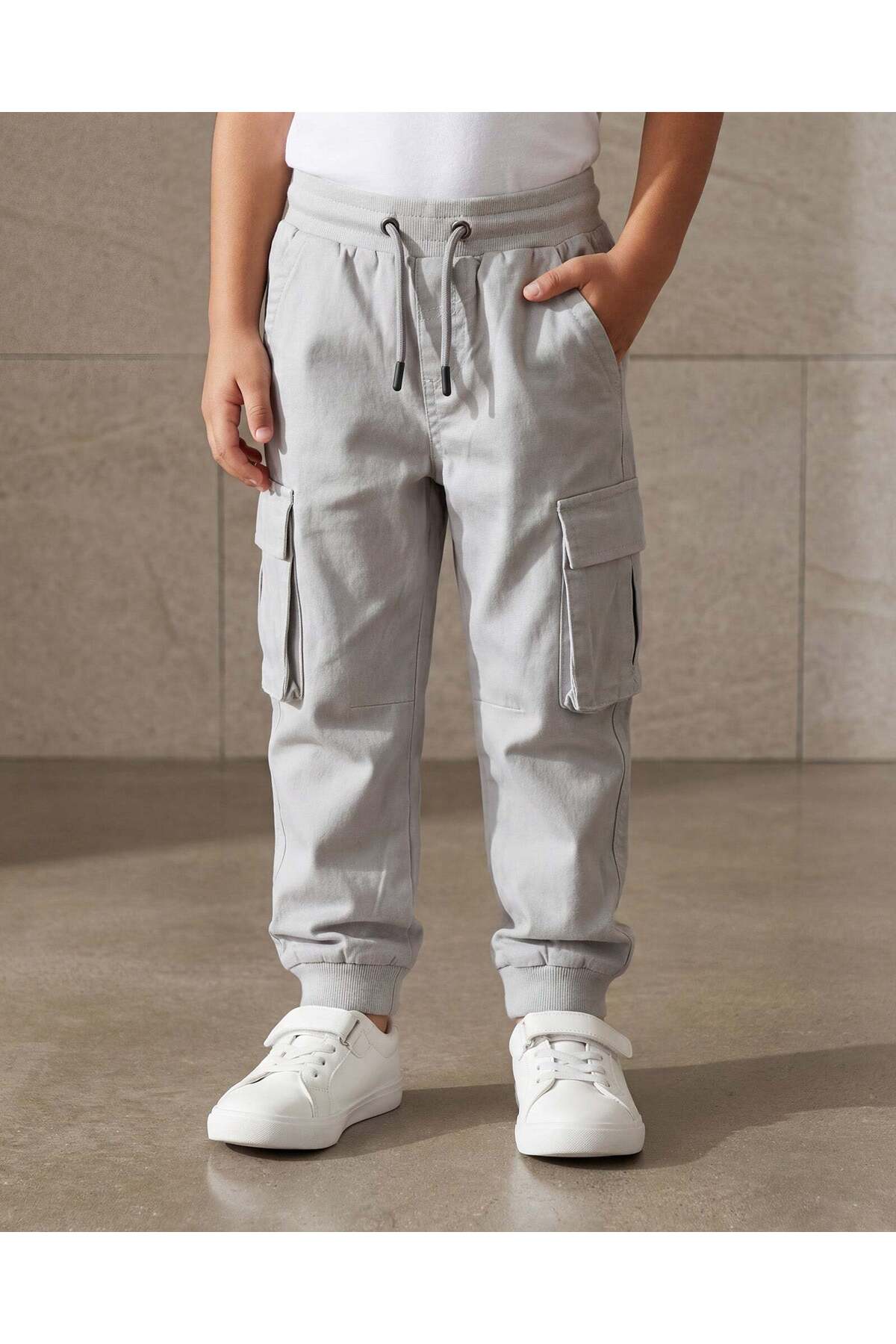 REDTAG Boys Grey Rib Waist Cargo Pocket Twill Joggers