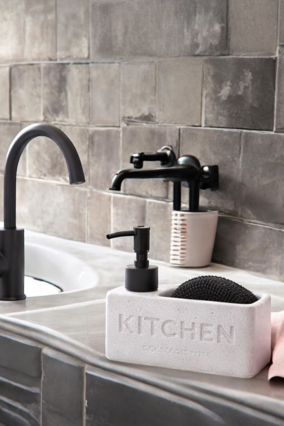 Modern Countertop Kitchen Liquid Soap Dispenser Sponge Holder Set Stone Design Push-Up Organizer