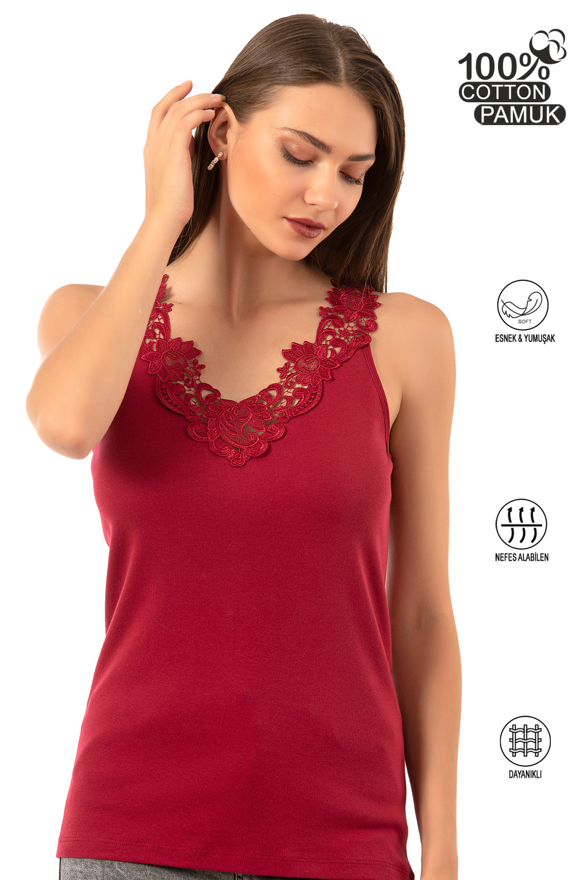 ÖZKAN underwear  Özkan 2001 3'lü Paket Kadın %100 Pamuklu Ribana Siyah Bordo Kahve Dantelli Güpürlü Manolya Atlet - Görsel 6