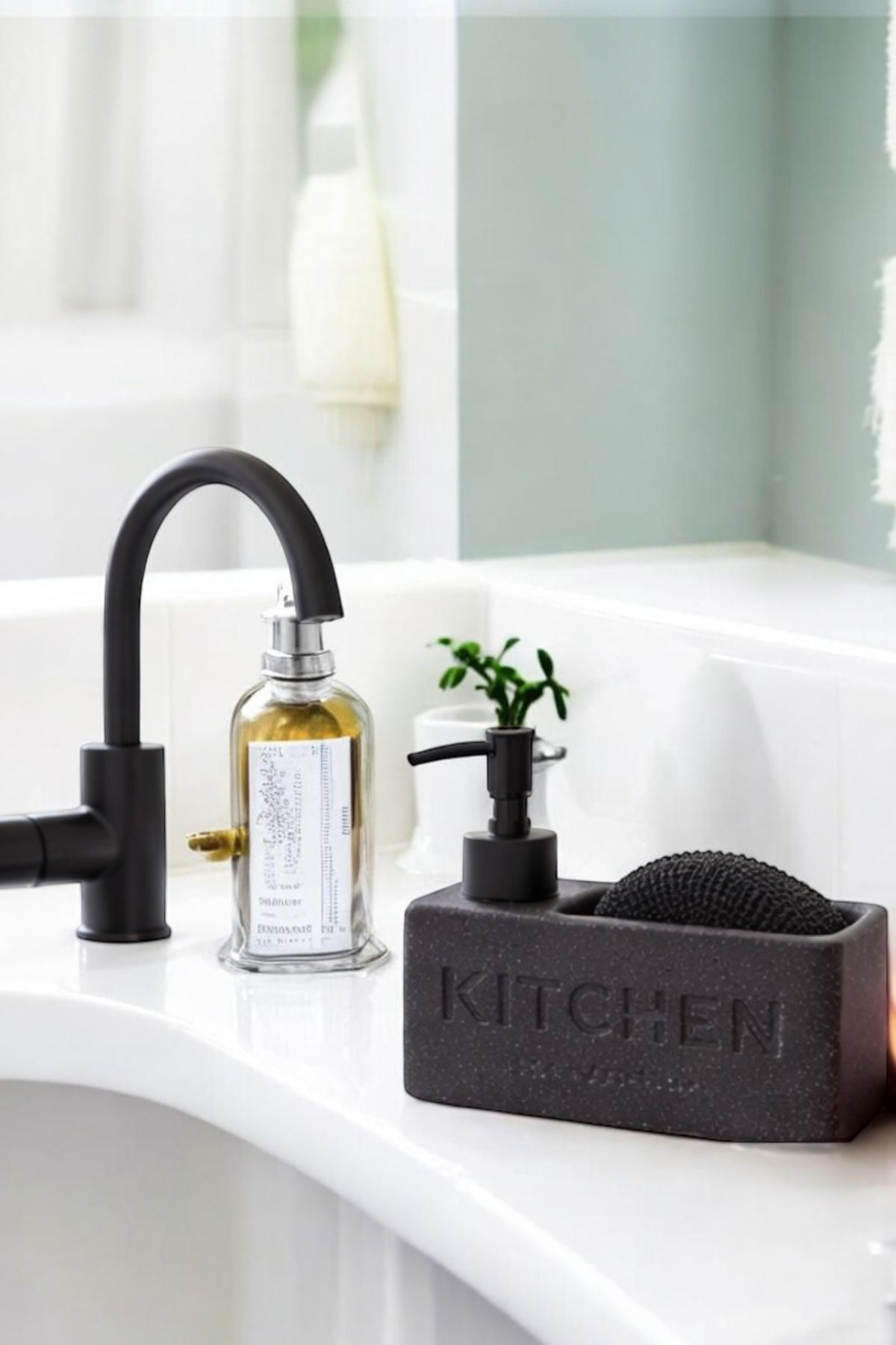 Modern Countertop Kitchen Liquid Soap Dispenser Sponge Holder Set Stone Design Push-Up Organizer