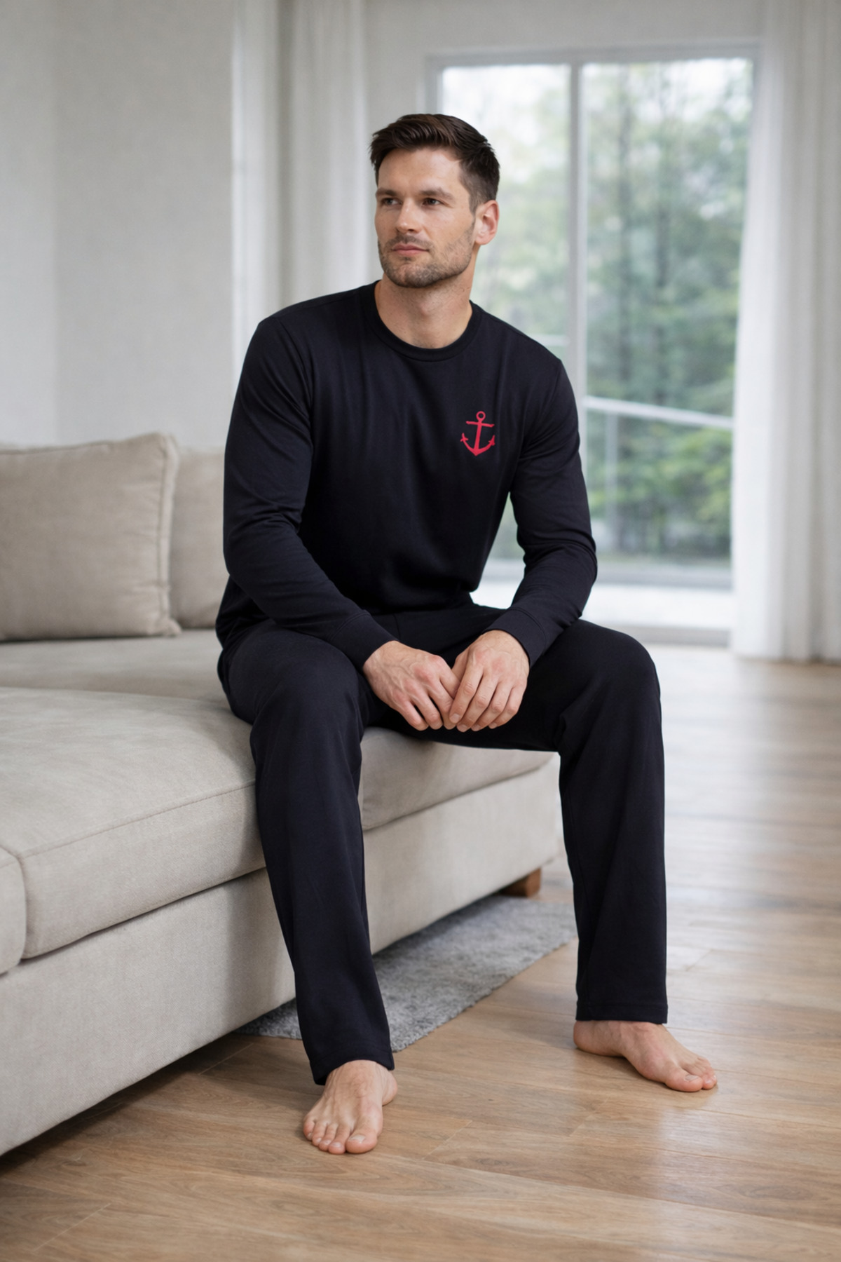 STELLAPİNK Men's Combed Cotton Long Pajama Set-Dark Blue