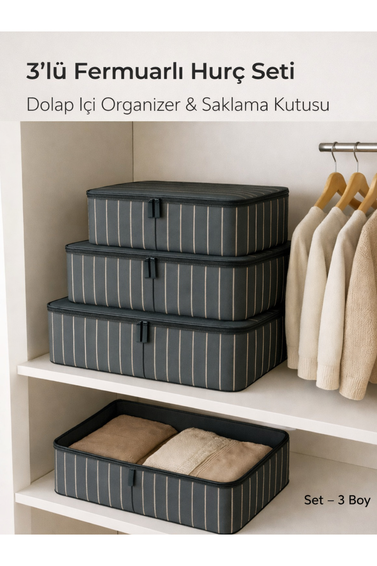LOREMPBOX 3'lü Fermuarlı Hurç Organizer Seti Dolap İçi Düzenleyici