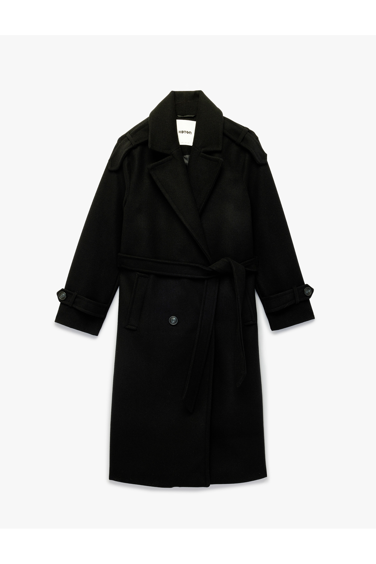 Koton  Uzun Kollu Cepli Düğmeli Kuşak Detaylı Kruvaze Kaşe Trenç Kaban - Görsel 2