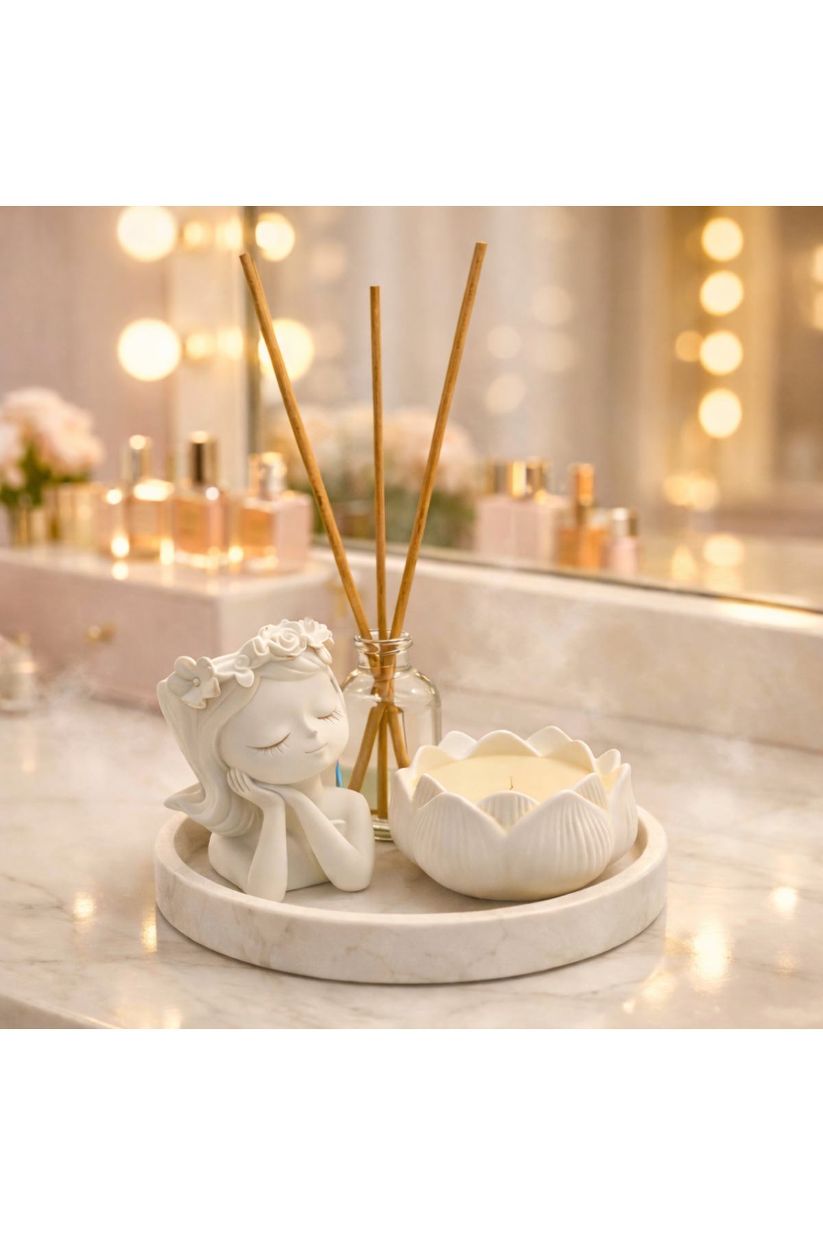 Decorative Girl Trinket Tealight Candle Holder and Bamboo Stick Room Fragrance Set Home Decor Table Top Accessory