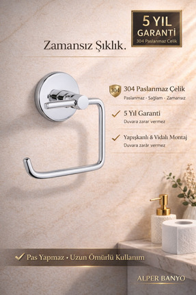Alper Banyo 304 Paslanmaz Çelik Tuvalet Kağıtlığı – 5 Yıl Garantili – Yapışka...