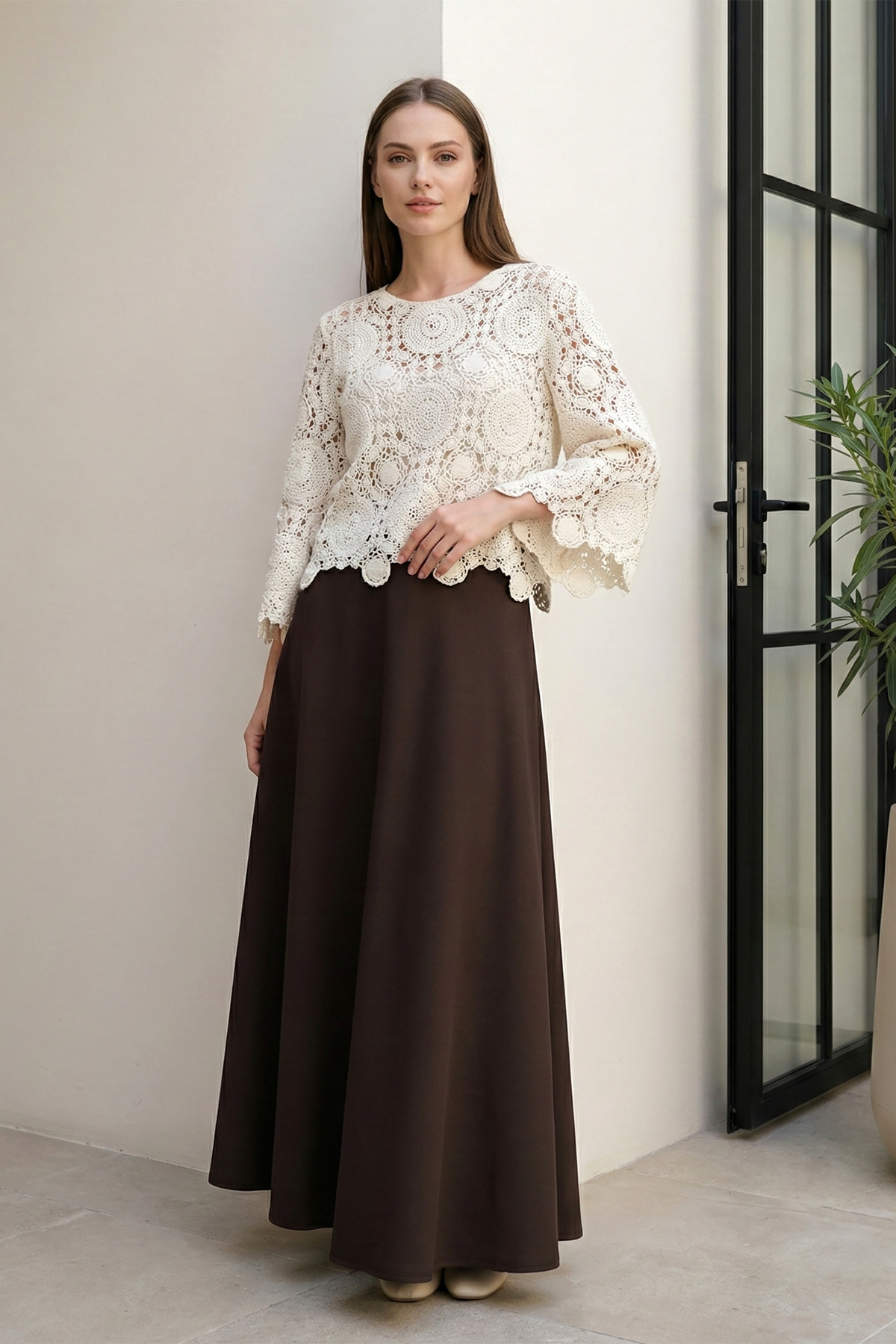 MODAQU  Beli Lastikli Kloş İthal Krep Kahverengi Etek - Görsel 2