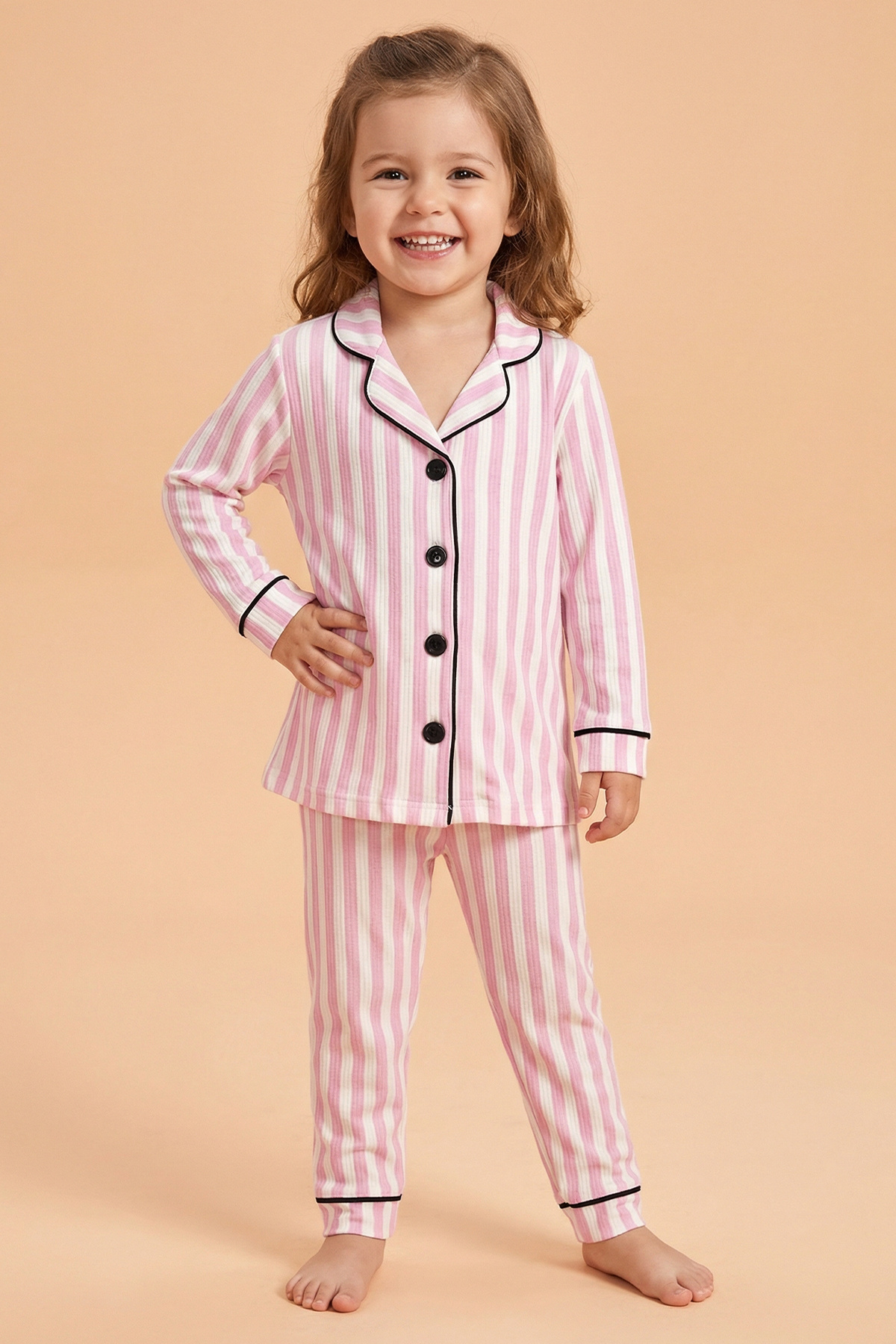 Tuabella %100 Pamuk Victoria Pembe Beyaz Çizgili Kız Çocuk Pijama Takımı fotoğrafı 2 (önizleme)