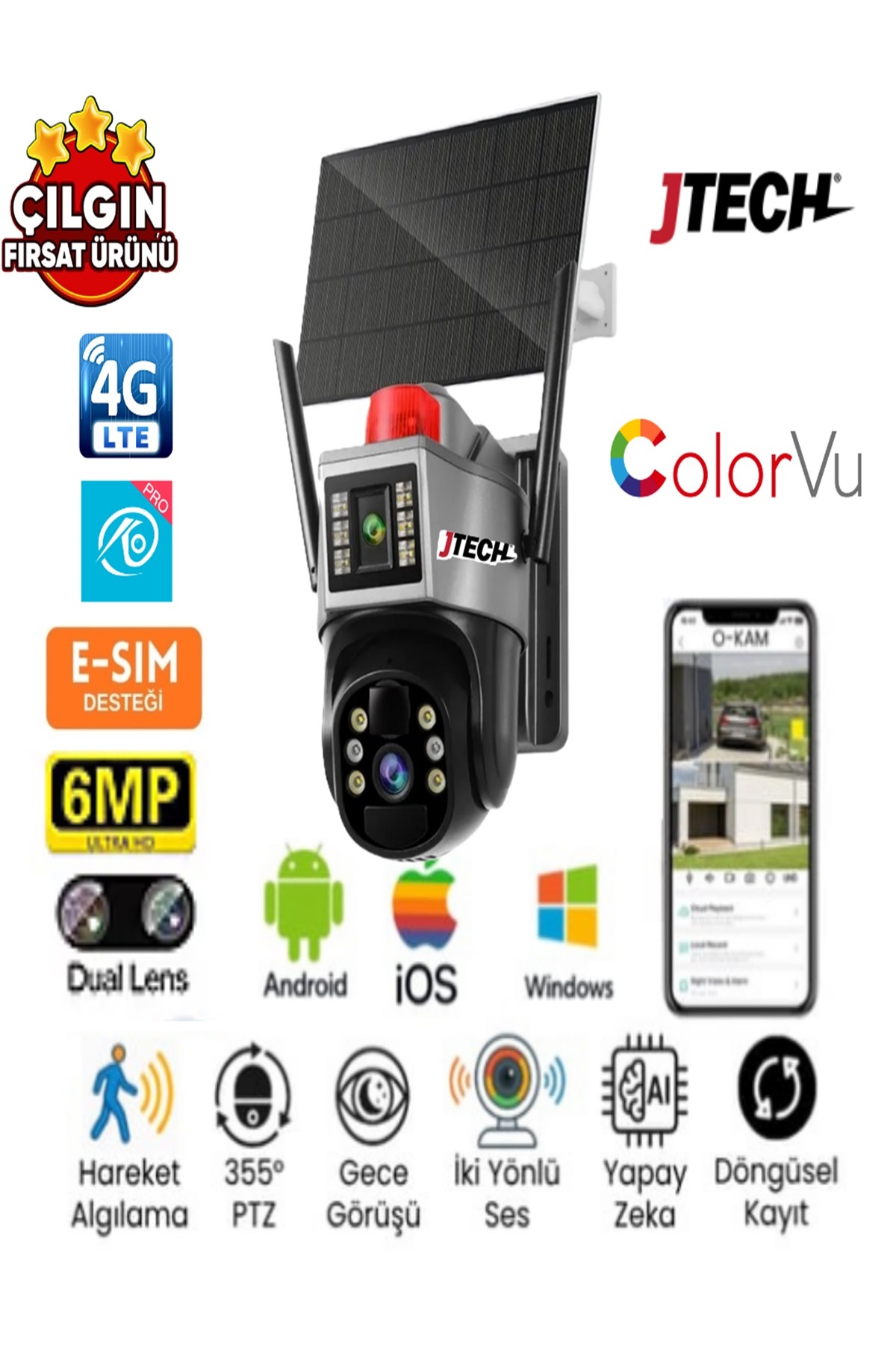 jtech O-Kam Pro 7015 3mp+3mp 6mp 4g Sim Kartlı Solar Panelli Dijital Zoom 2Lens 1Ptz Akıllı Kamera