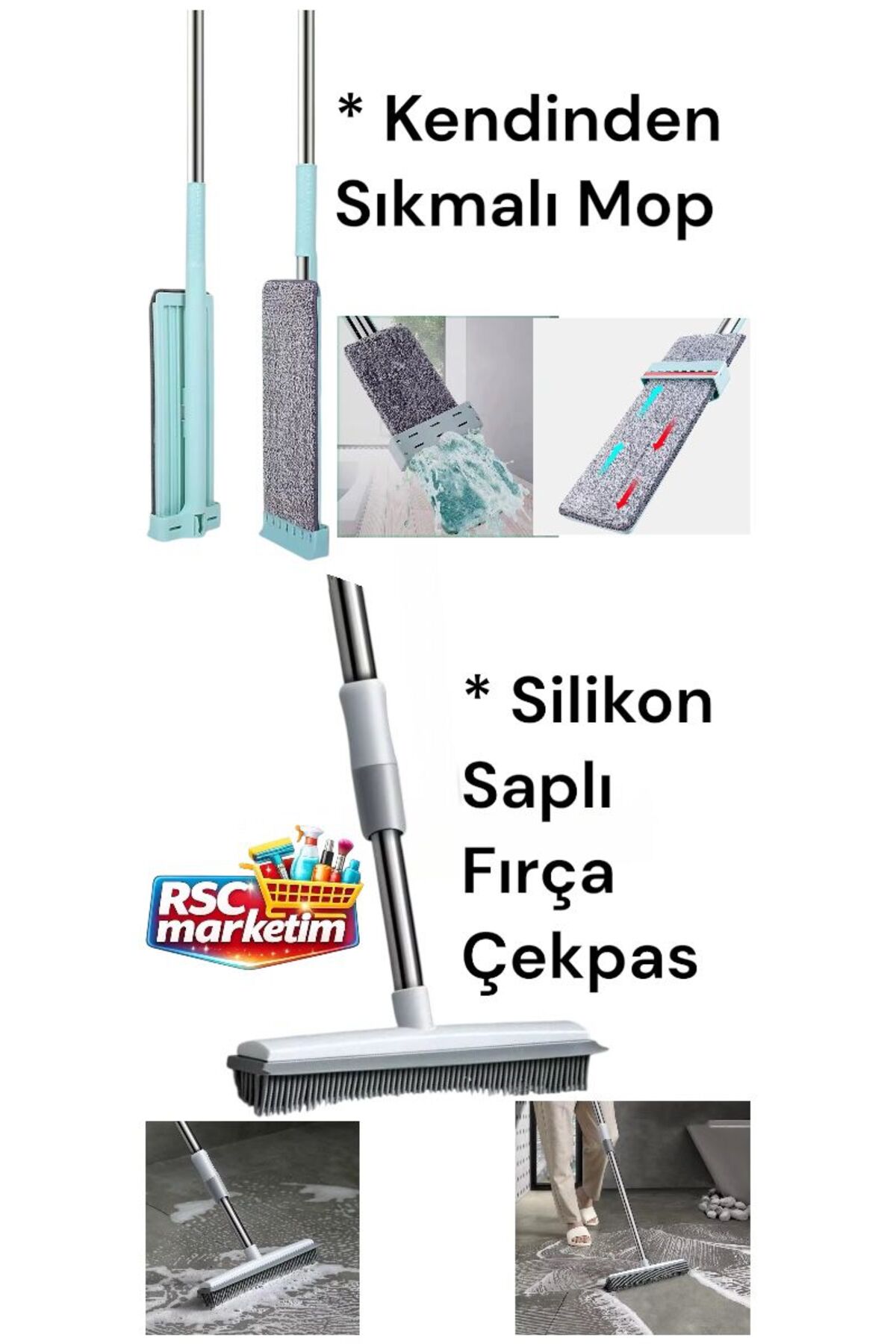RSC MARKETİM Banyo SET / Kendinden Sıkmalı Mop / Kauçuk Uçlu