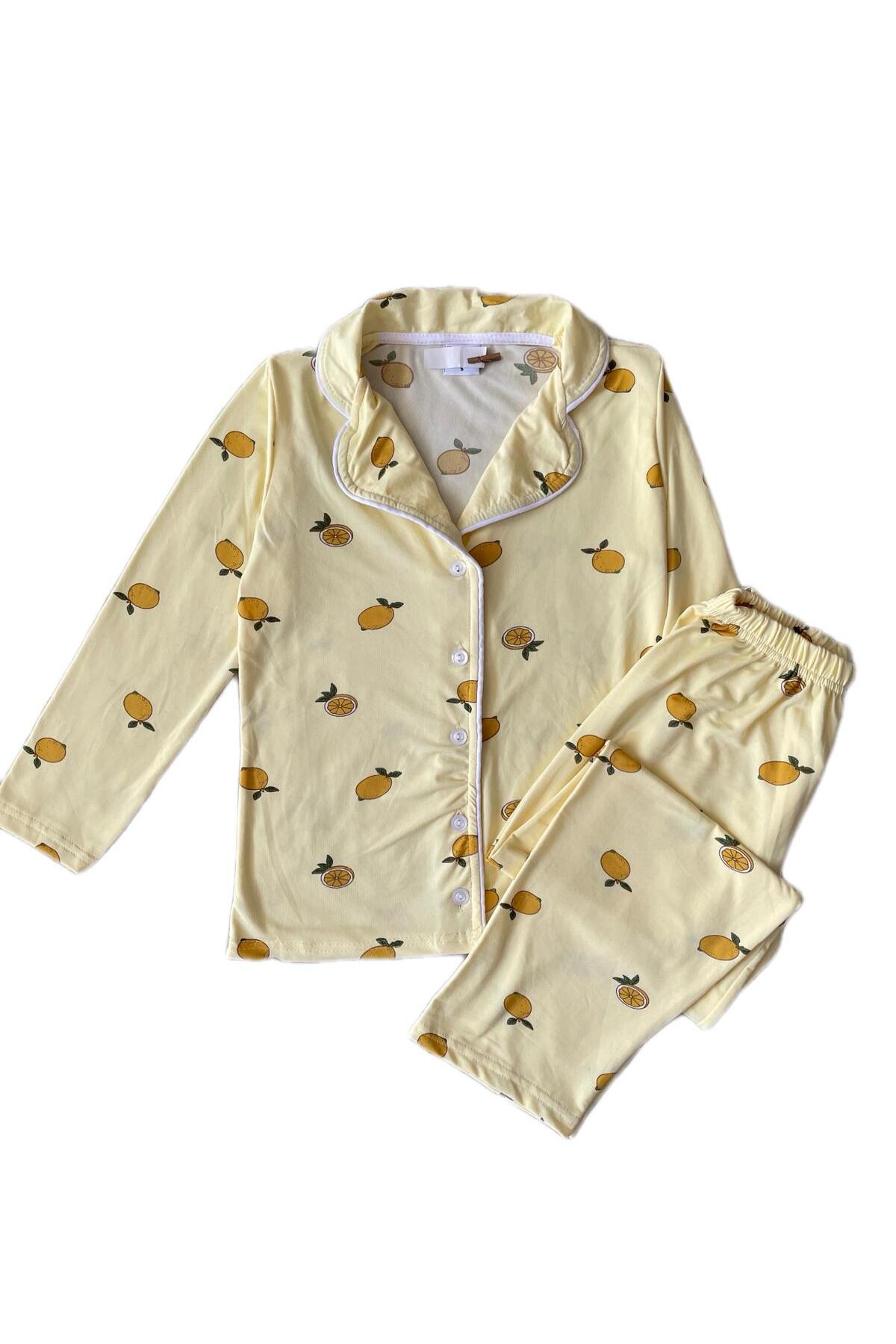 byalisdmr UNİSEX ÇOCUK PİJAMA TAKIMI YAZLIK %100 PAMUK MİLAN KUMAŞ LİMON DESEN BİYE DETAY GÖMLEK YAKA fotoğrafı 3 (önizleme)