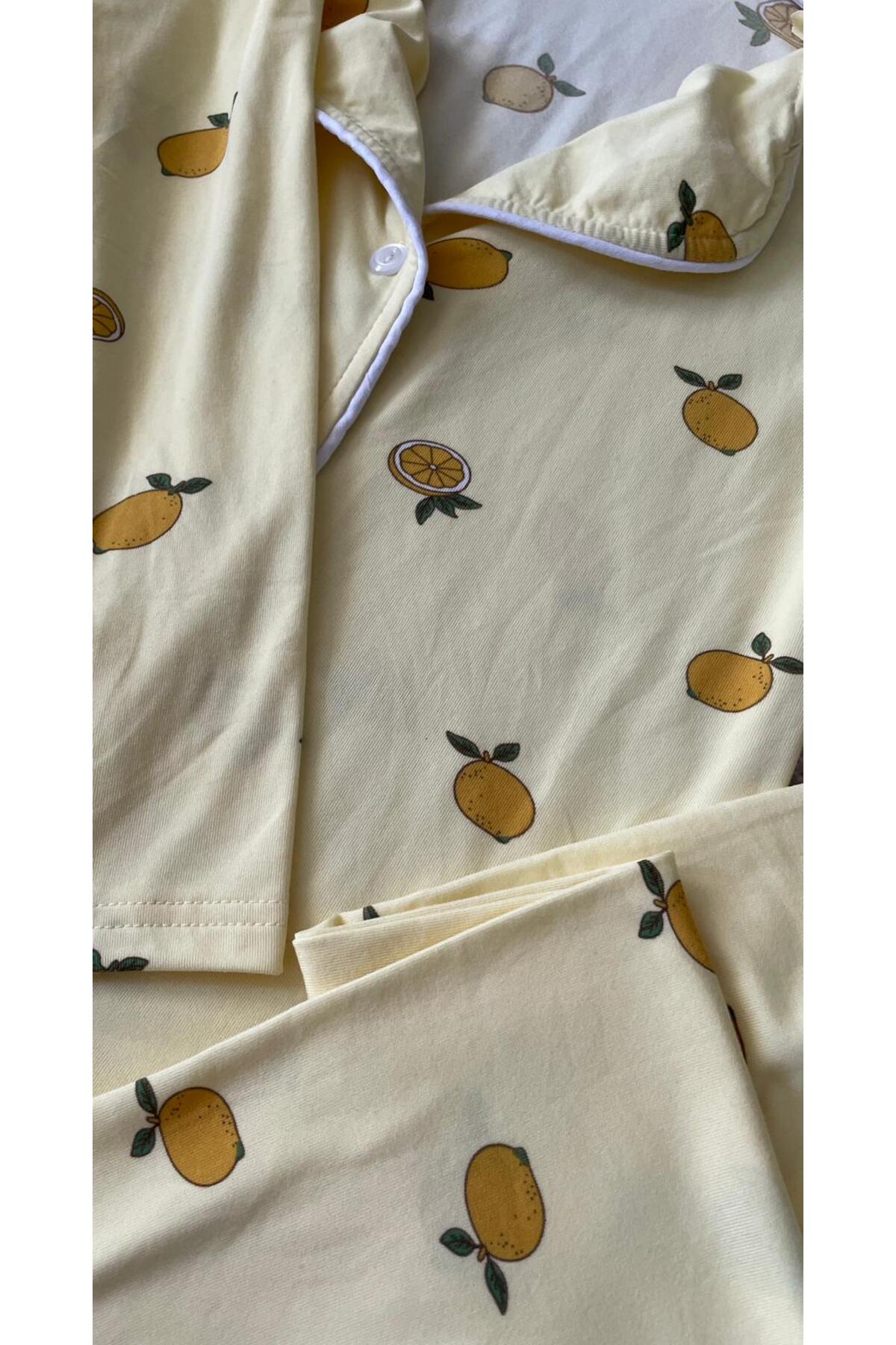 byalisdmr UNİSEX ÇOCUK PİJAMA TAKIMI YAZLIK %100 PAMUK MİLAN KUMAŞ LİMON DESEN BİYE DETAY GÖMLEK YAKA fotoğrafı 5 (önizleme)