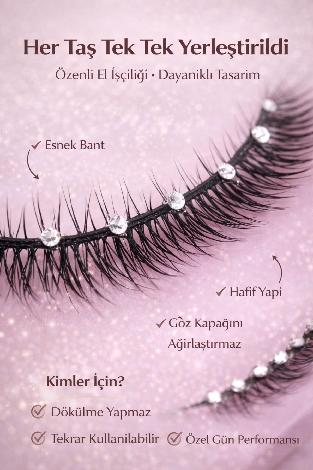 Rhinestone Taşlı Takma Kirpik Seti 5 Çift – Özel El Yapımı Işıltılı Model, Davet & Gece Makyajı — ALR-RHSTNOSTAŞ5 — تصویر 3 از 5