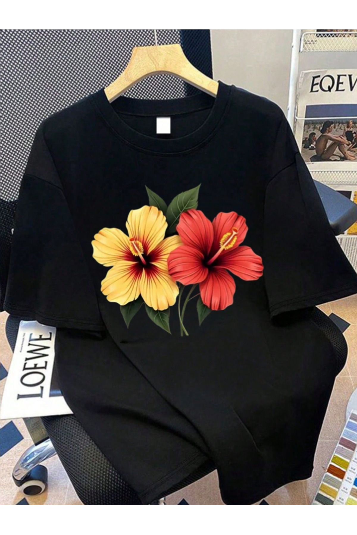 Revasser Tricou de damă din bumbac pieptănat, supradimensionat, cu decolteu î...