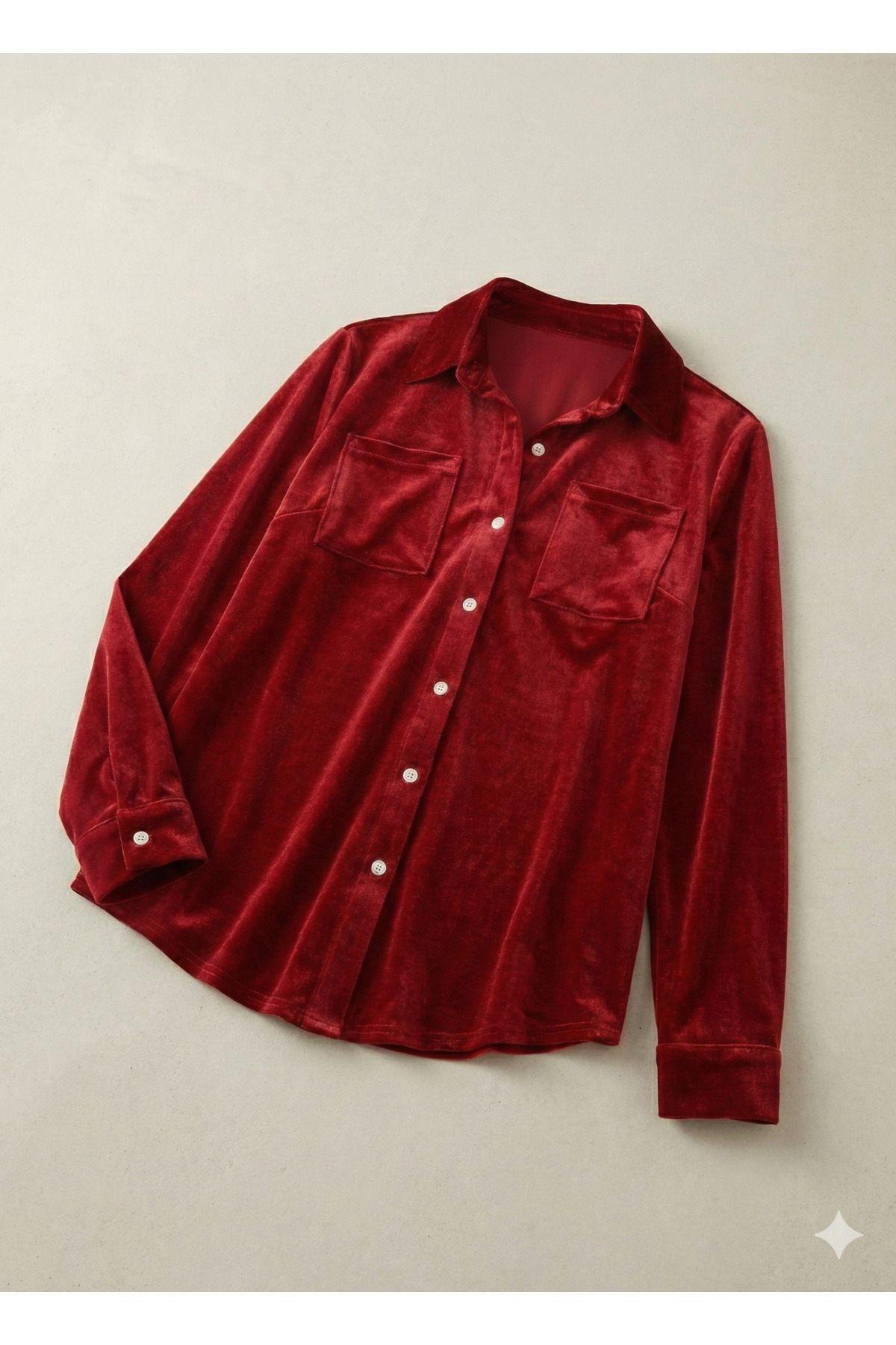 GETFAY Kadın Uzun Kollu Yakalı önden Düğmeli Cep Detaylı Kadife Gömlek - Kırmızı / L-XL fotoğrafı 2 (önizleme)