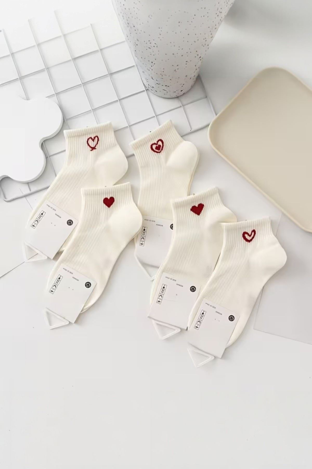 Hitit Socks Kadın 5 Çift Kalp Desenli Kısa Patik Çorap Ekru görsel 2