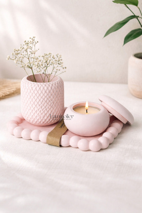 Luminolier Pembe Dekoratif Tepsi Seti – Bubble Tepsi, Mumluk ve Vazolu 3’lü M...