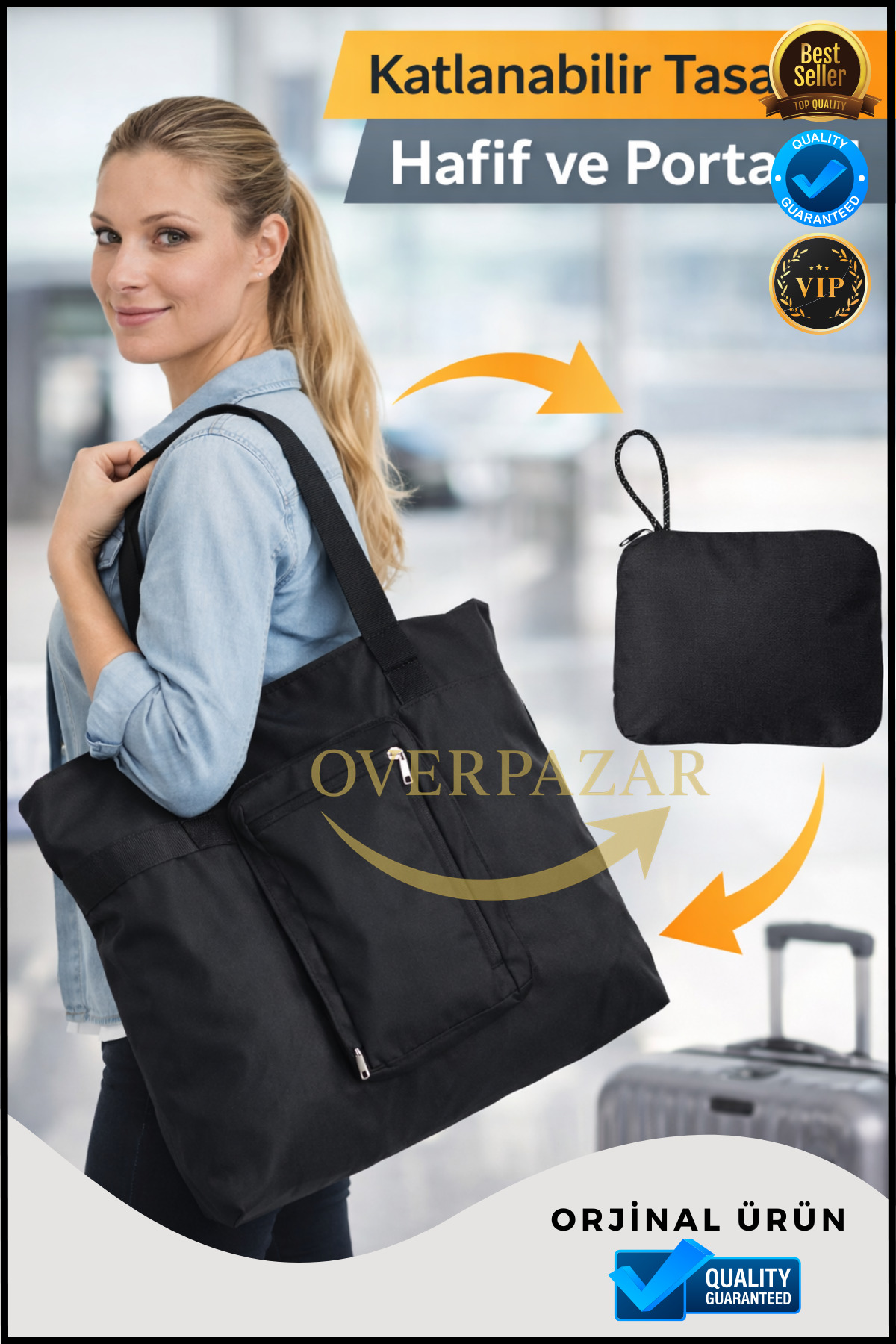 Foldable Shopping Bag Large Volume Travel & Grocery Bag Folding into Zippered Pouch