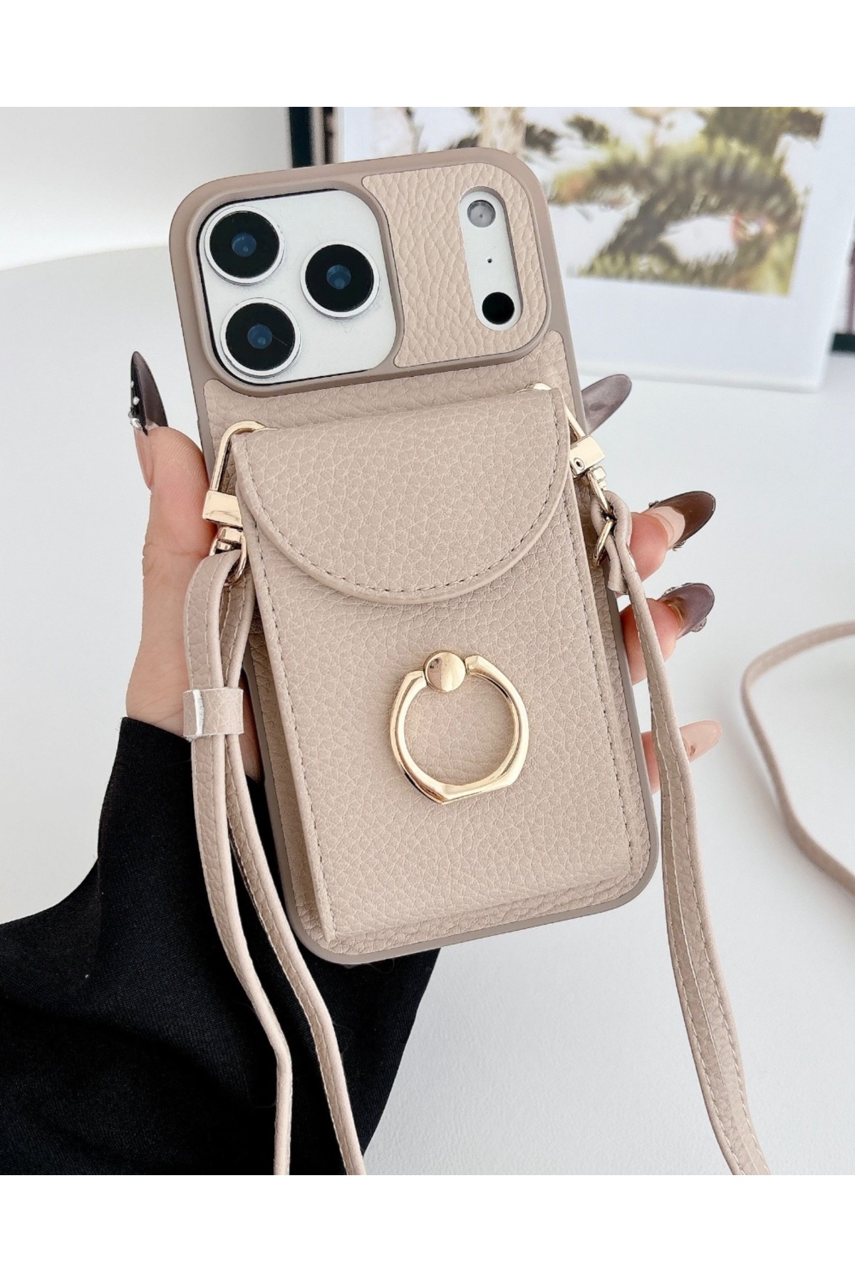Iphone 14 Pro Max Compatible Ring Detailed Leather Case with Hanging Wallet