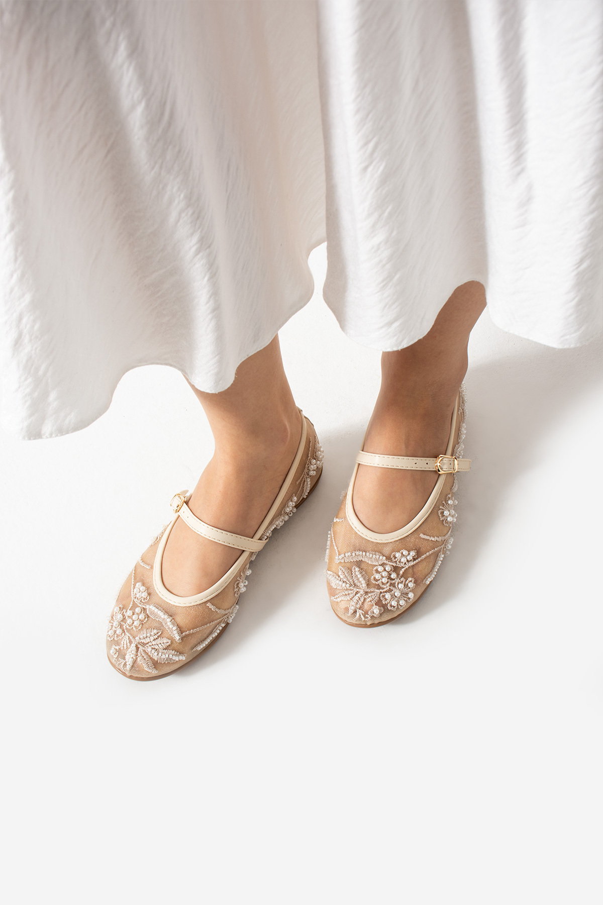 Bufu  Madrid Ekru Boncuk İşlemeli Babet - Görsel 3