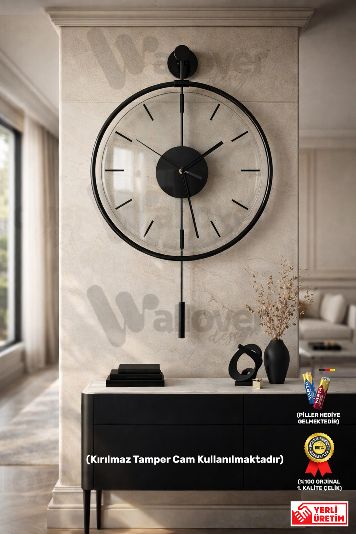 Messina Luxry Quiet Metal Wall Clock with Tempered Glass, Decorative Modern Wall Clock 40x60