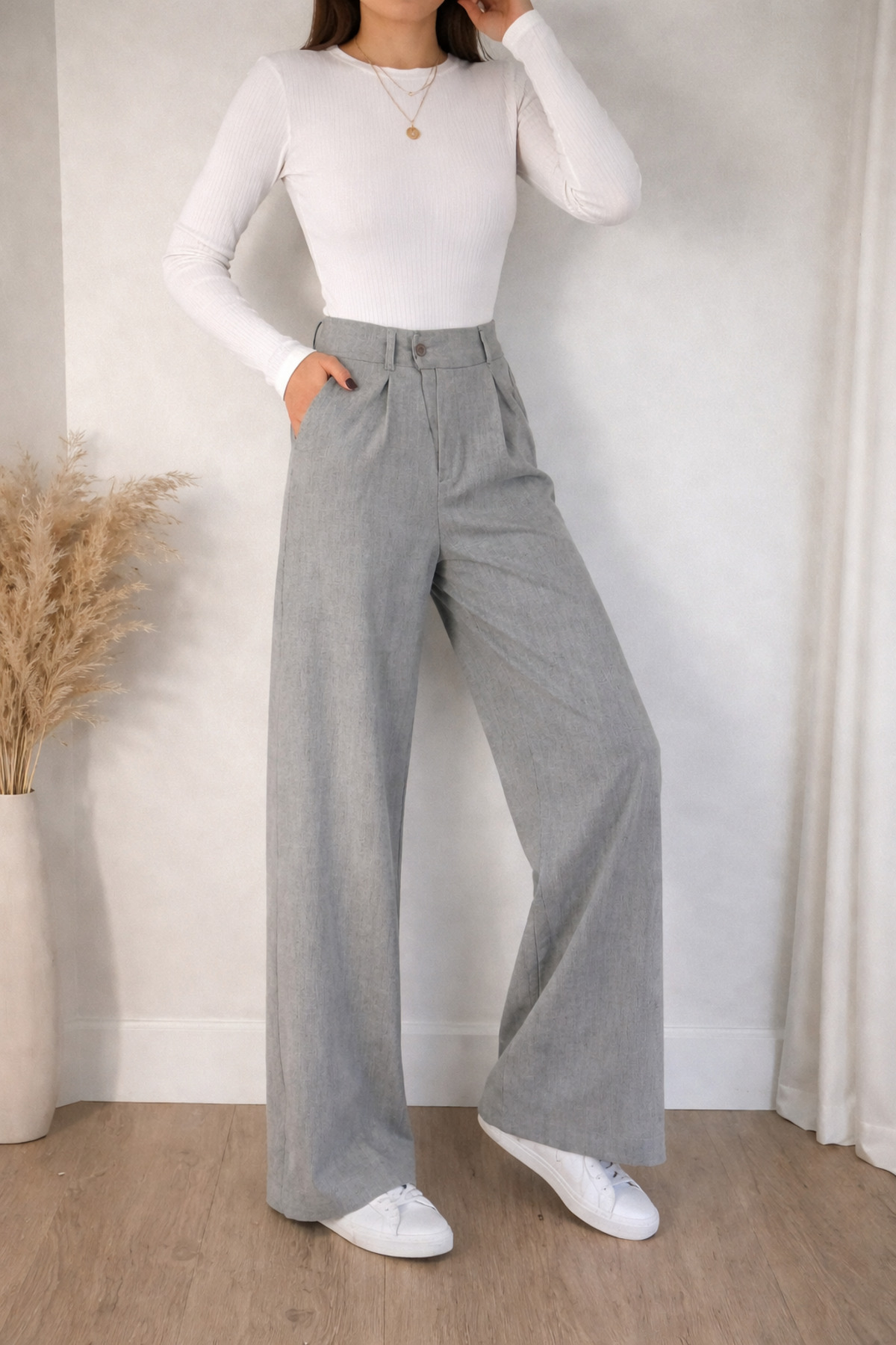 mor butik  Kadın Gri Palazzo Pantolon Yüksek Bel, Geniş Paça, Günlük@Ofis Şıklığı Myth010001 - Görsel 2