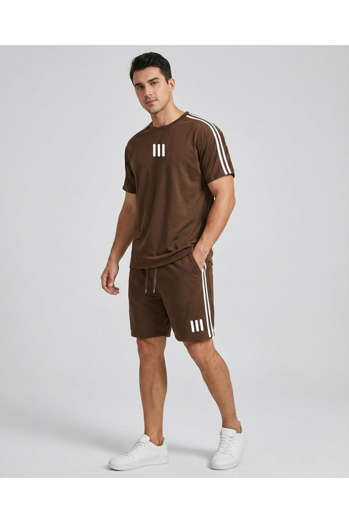 New Season Striped Premium Combed Fabric Striped Crew Neck T-shirt-Shorts 2pcs Set