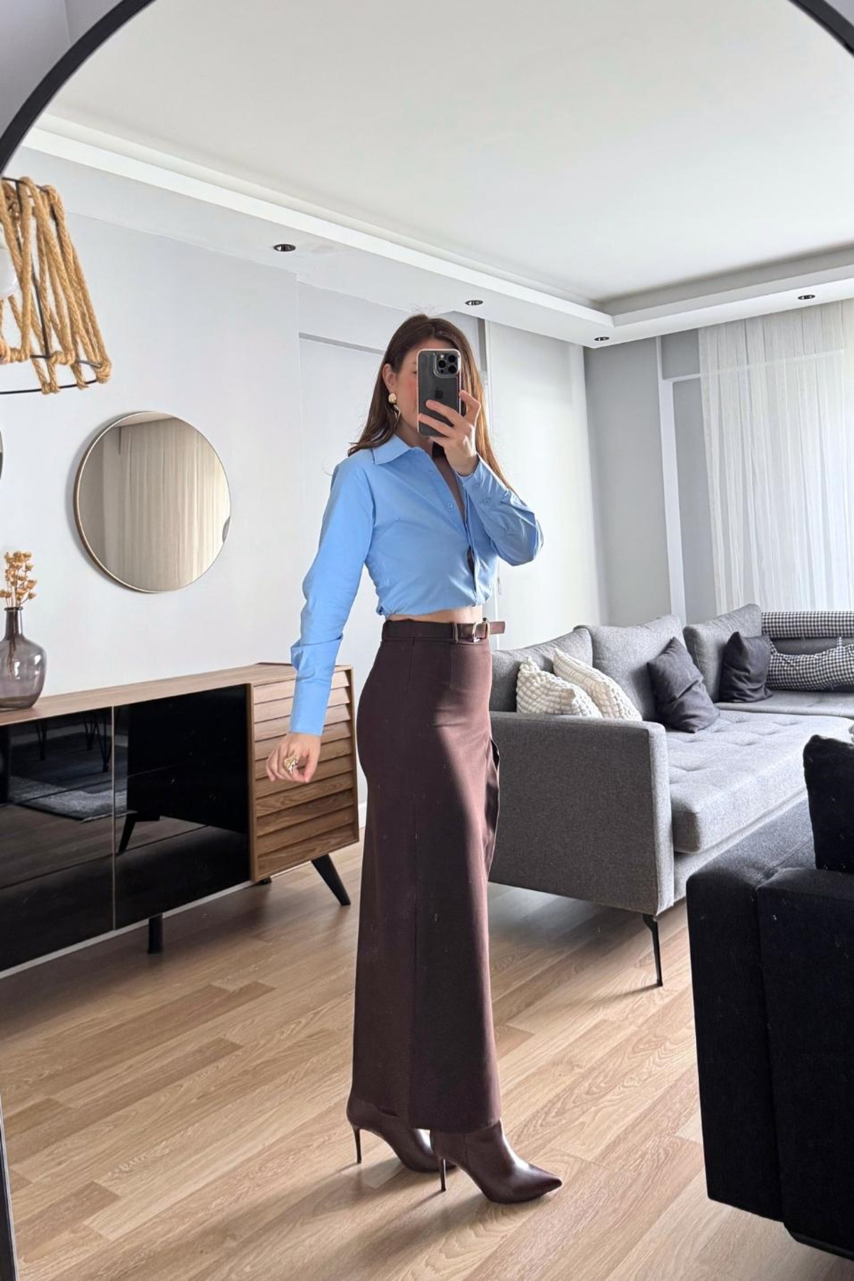 Banu Angay  Velora Yırtmacı Dantel Detaylı Etek Kahverengi - Görsel 4