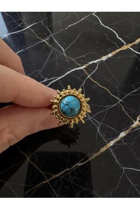 Aylin Bijuteri Gold Renk Mavi Boncuklu Damar Desenli Vintage Yüzük