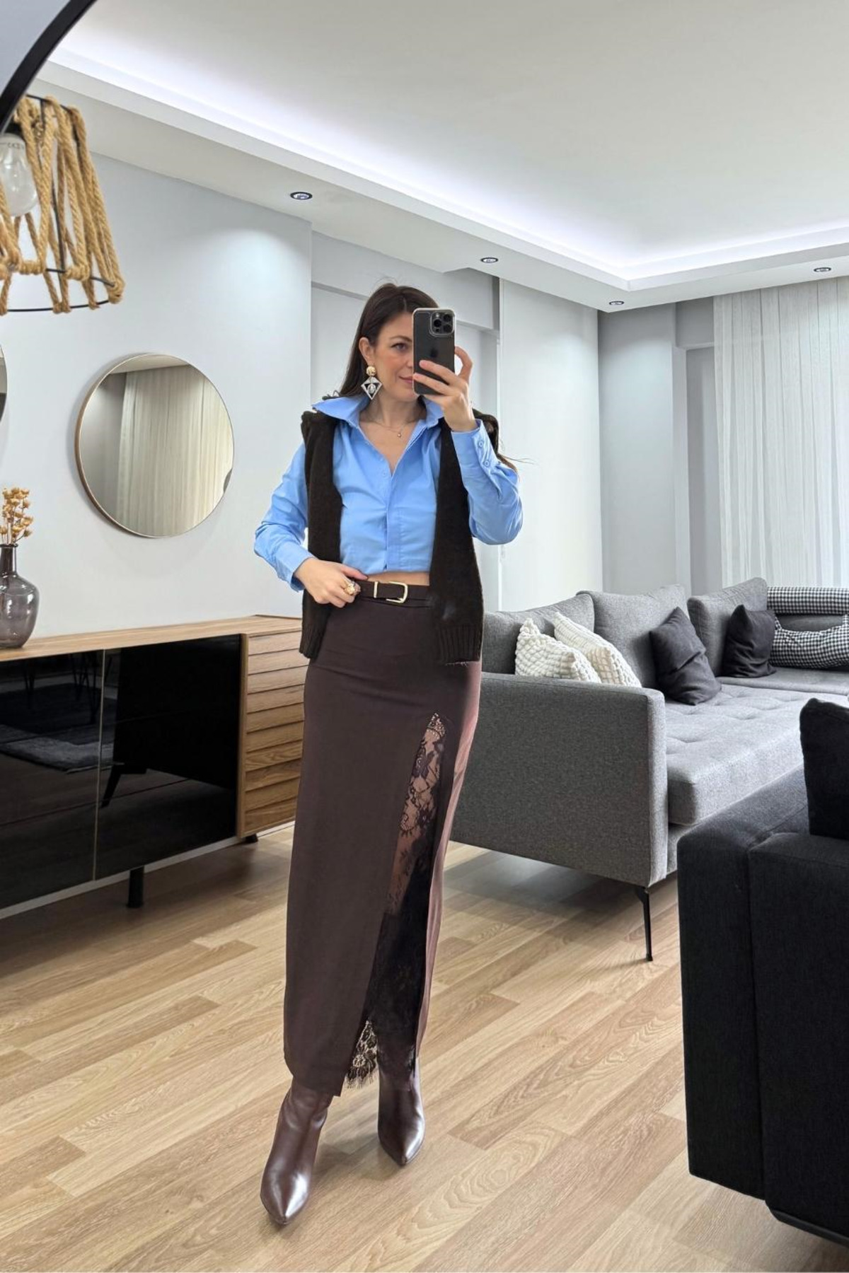 Banu Angay  Velora Yırtmacı Dantel Detaylı Etek Kahverengi - Görsel 5