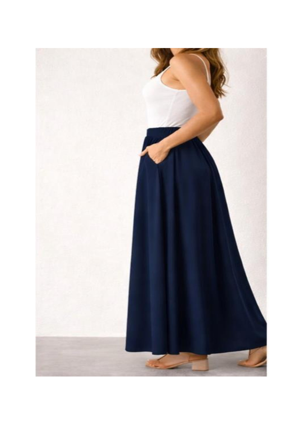 memetti m şekil  Kadın Lacivert Beli Lastikli Cepli Double Bilek Boy Poplin Etek - Görsel 3