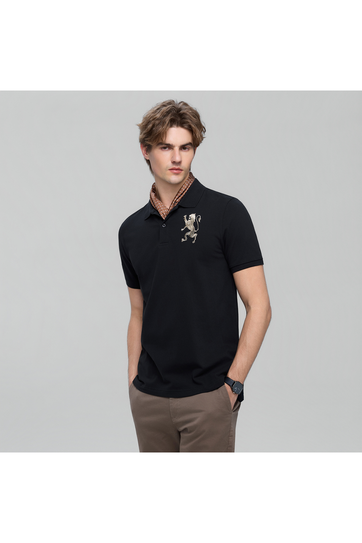 Giordano Men’s Slim Fit 3D Lion Embroidery Lycra Pique Polo