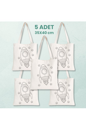 Cemira 5 Adet Çocuk Boyama Çantası - Roket ve Yıldız Desenli Boyanabilir Bez ...
