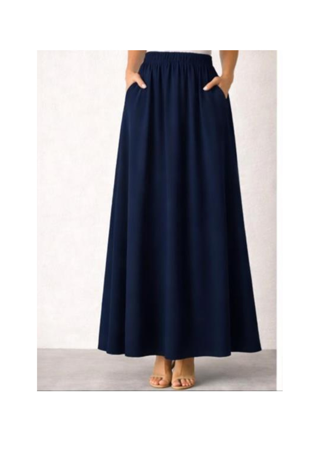 memetti m şekil  Kadın Lacivert Beli Lastikli Cepli Double Bilek Boy Poplin Etek - Görsel 2